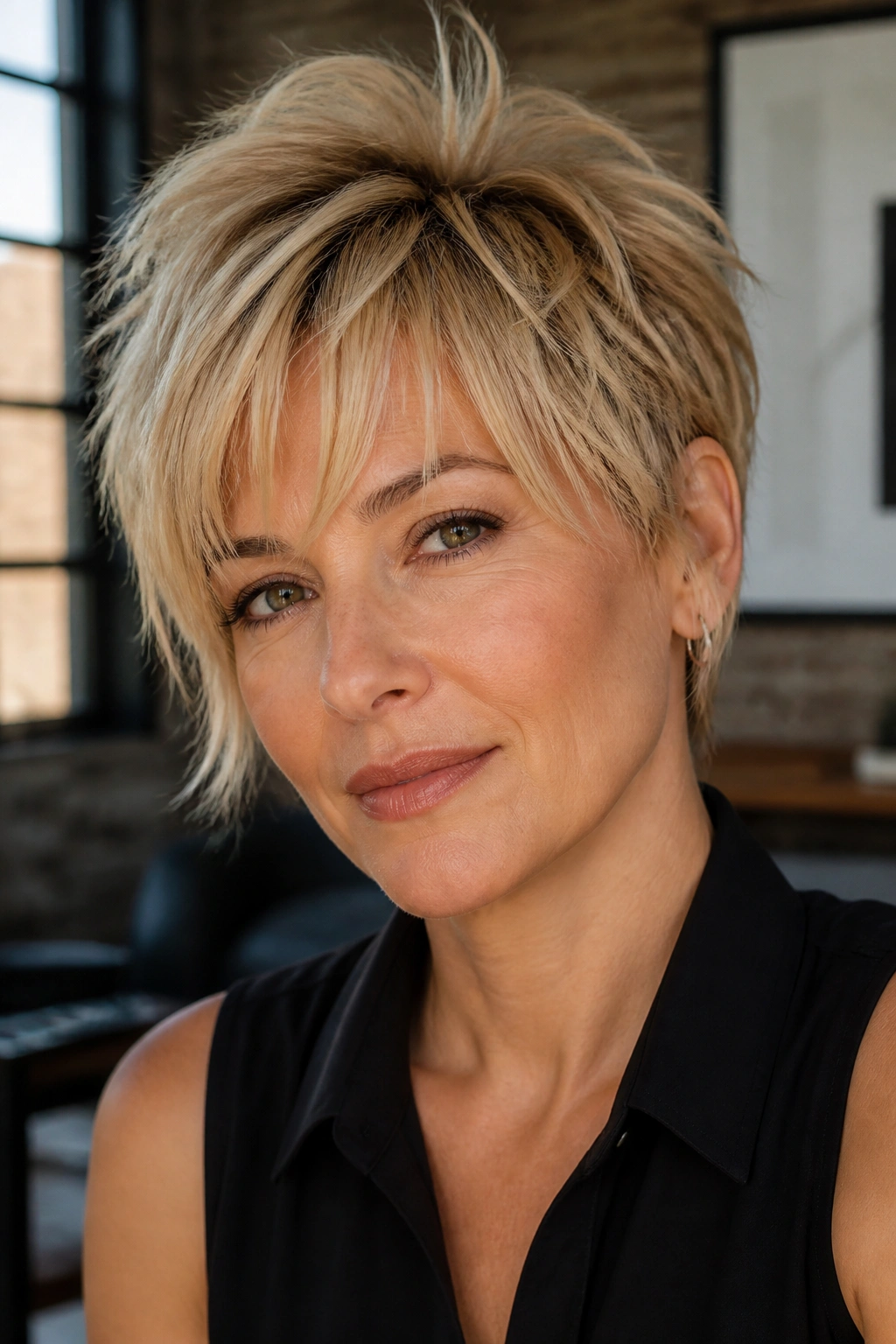 Portrait of a real woman with a bixie haircut and piecey fringe