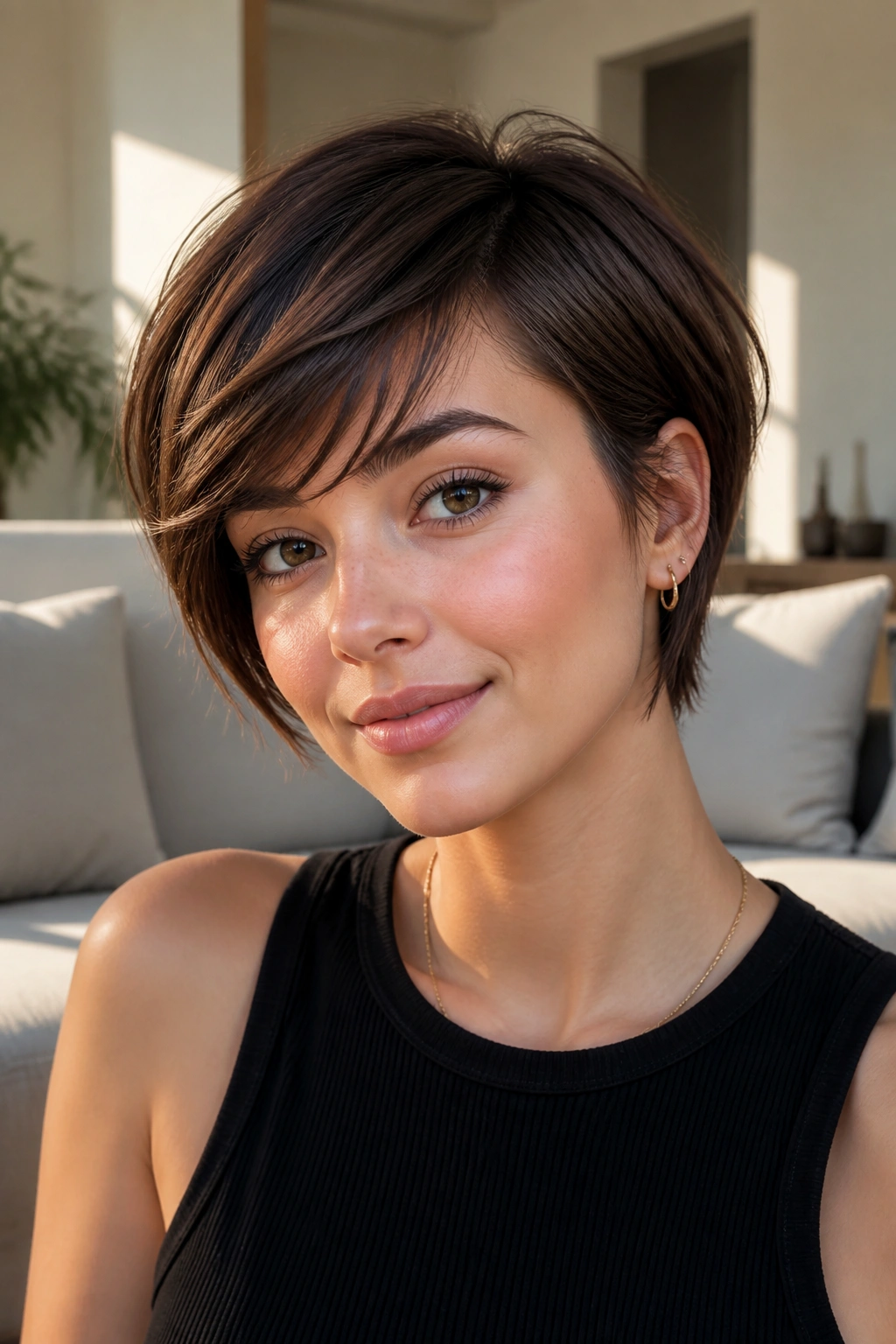 Close-up portrait of a real woman with bixie side fringe