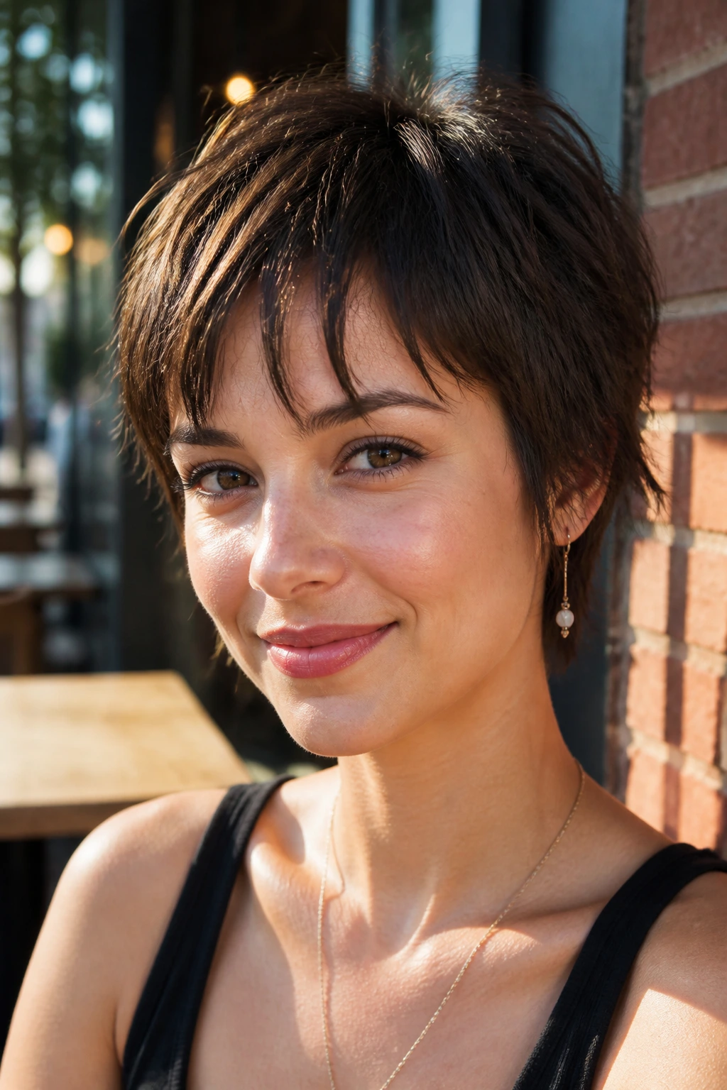 Portrait of a real woman with a bixie cut and piecey fringe in an urban cafe.