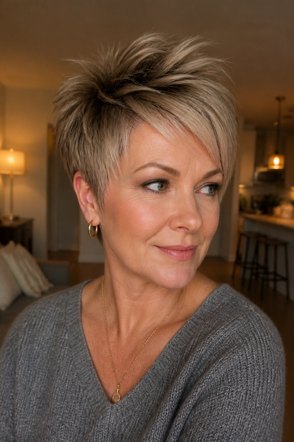 Close-up portrait of a real woman with textured bixie and crown lift