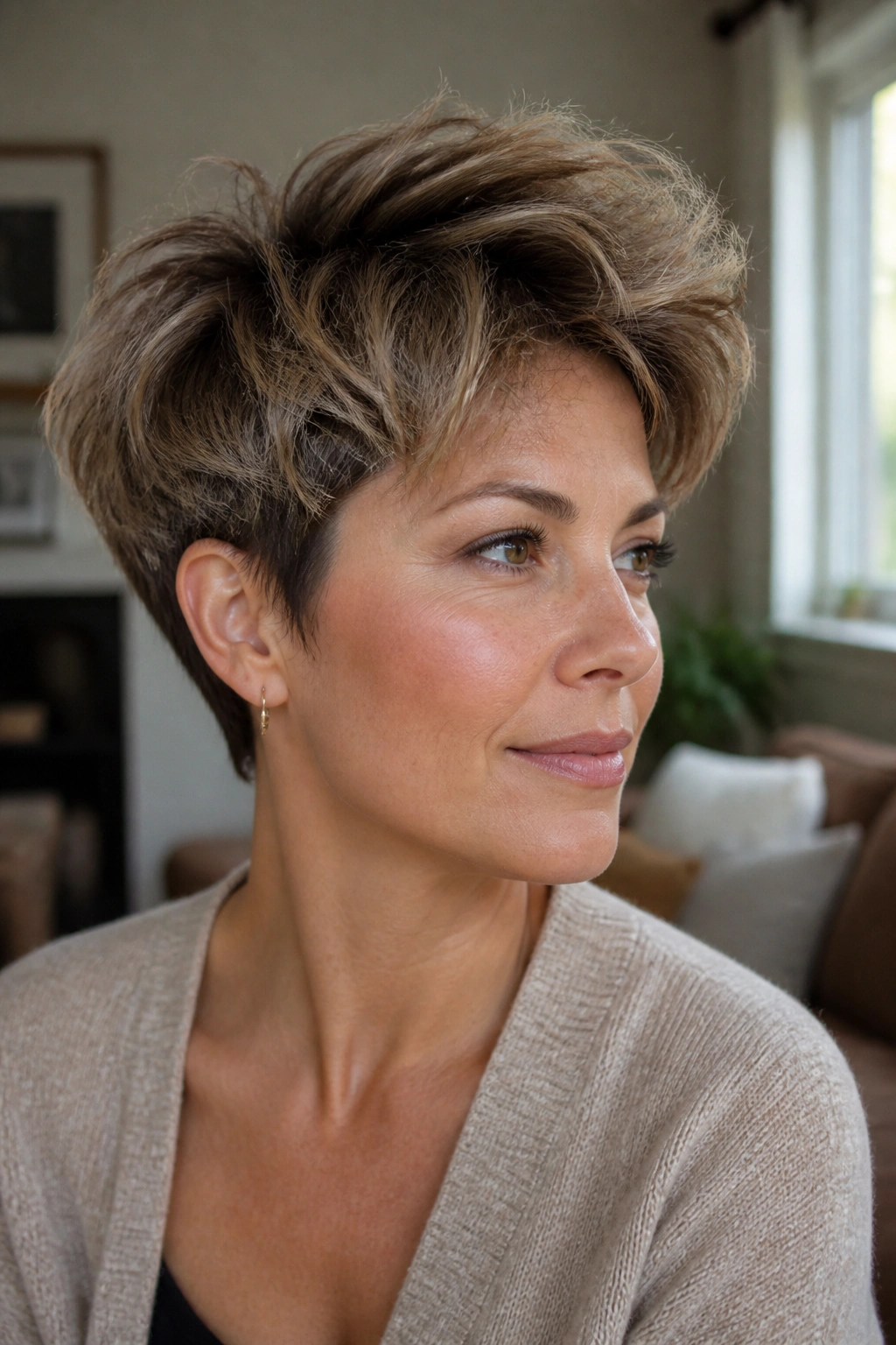 Close-up of a woman with textured bixie cut featuring feathered layers and a tapered nape in natural window light.