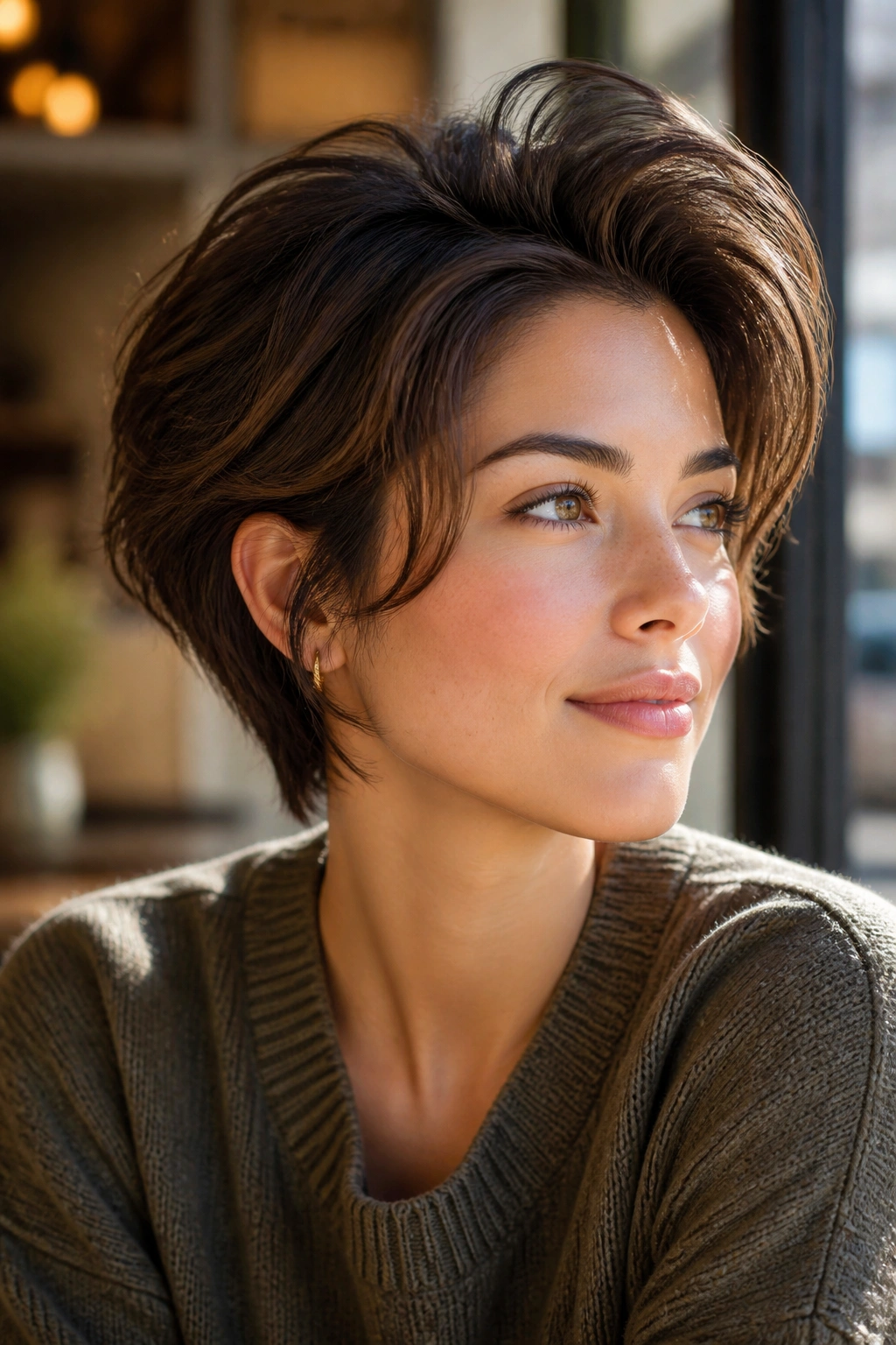 Close-up of a real person with Bixie Layers With a Longer Top and a longer top swept back.