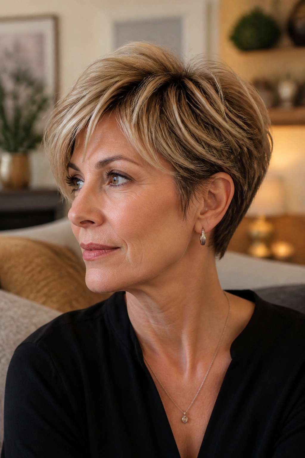 Real woman with bixie haircut, long top and short sides, portrait lighting.