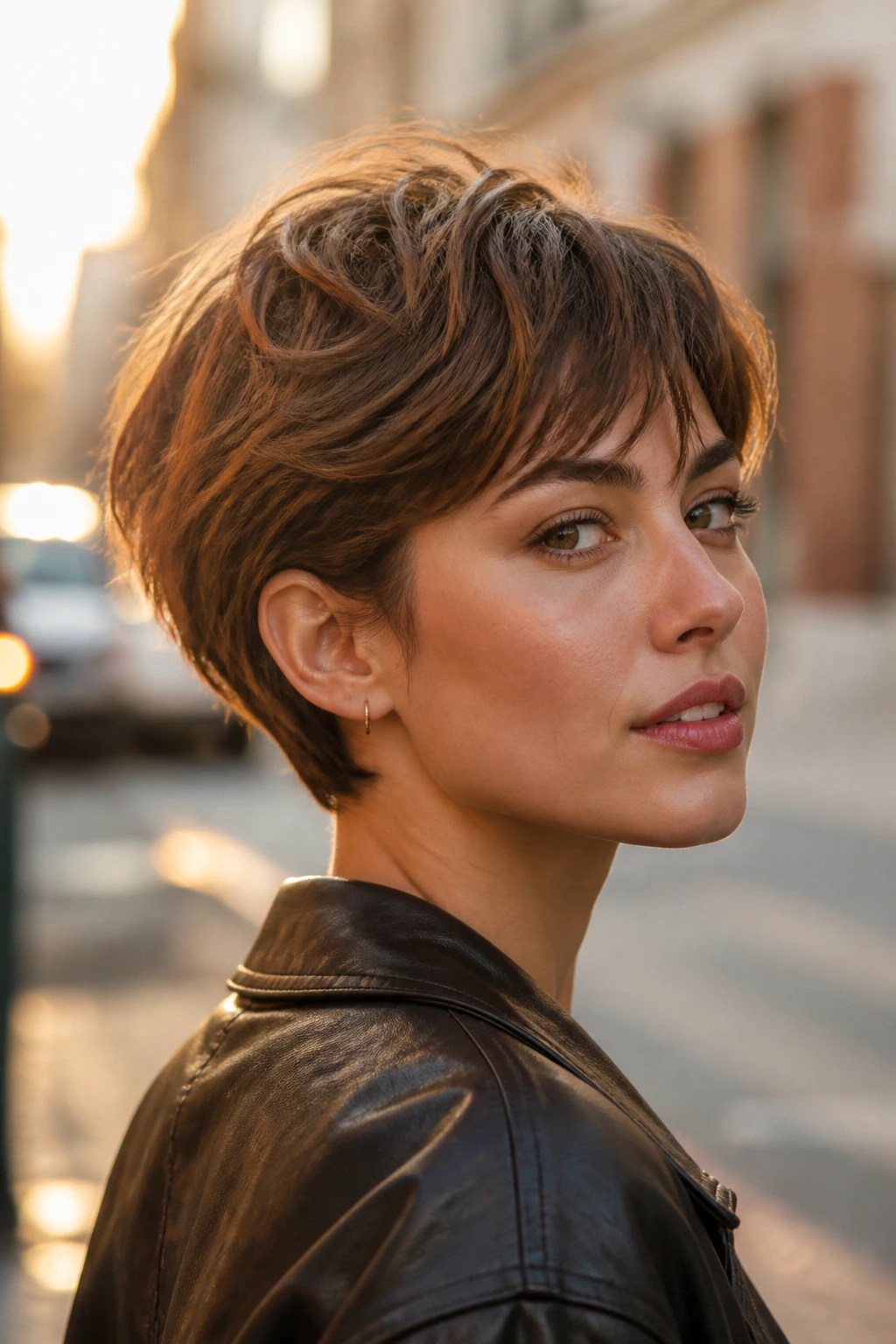 Close-up portrait of a real person with a bixie haircut on a city street at golden hour