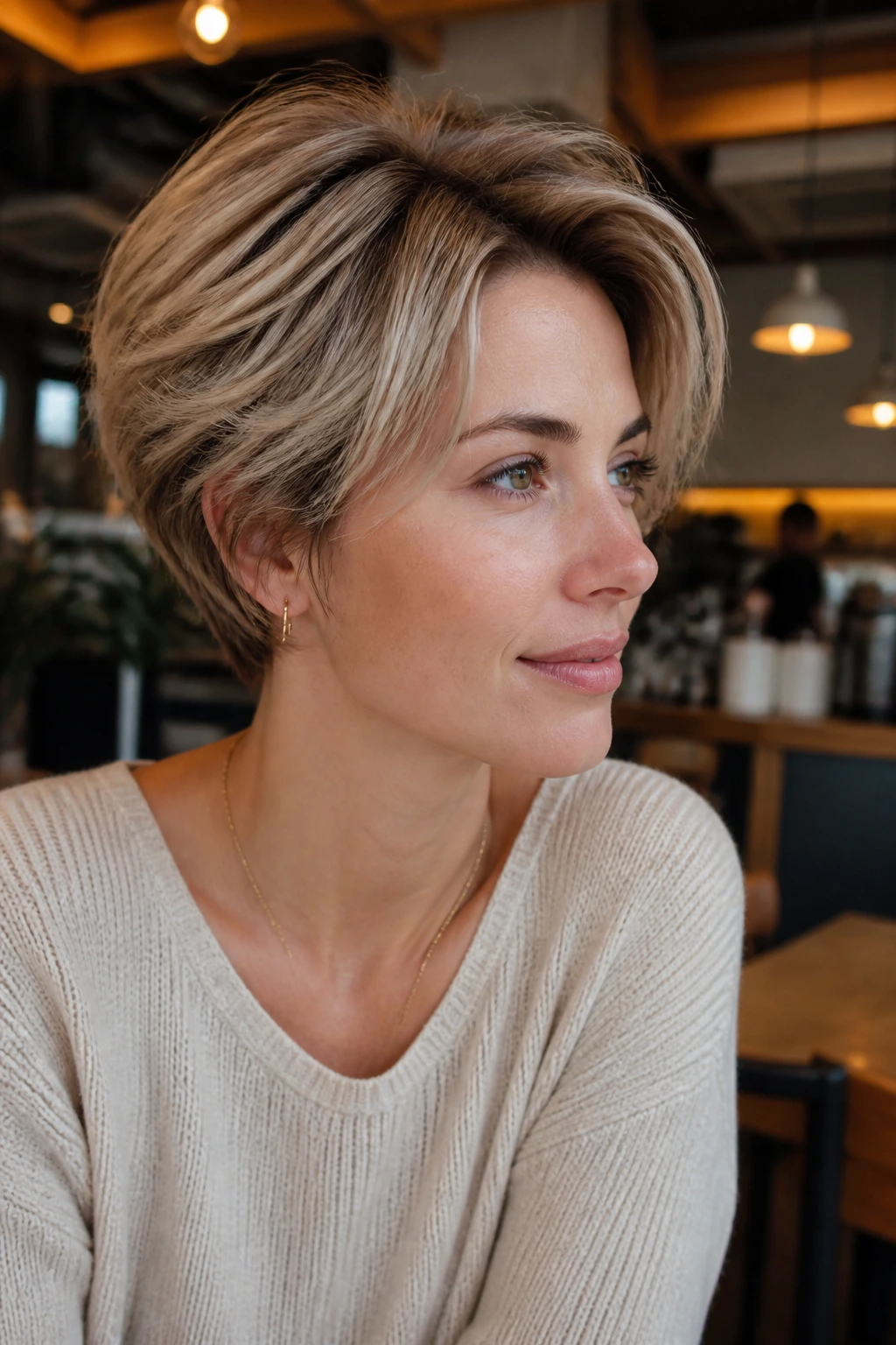 Real woman with bixie haircut showing crown lift and soft edges