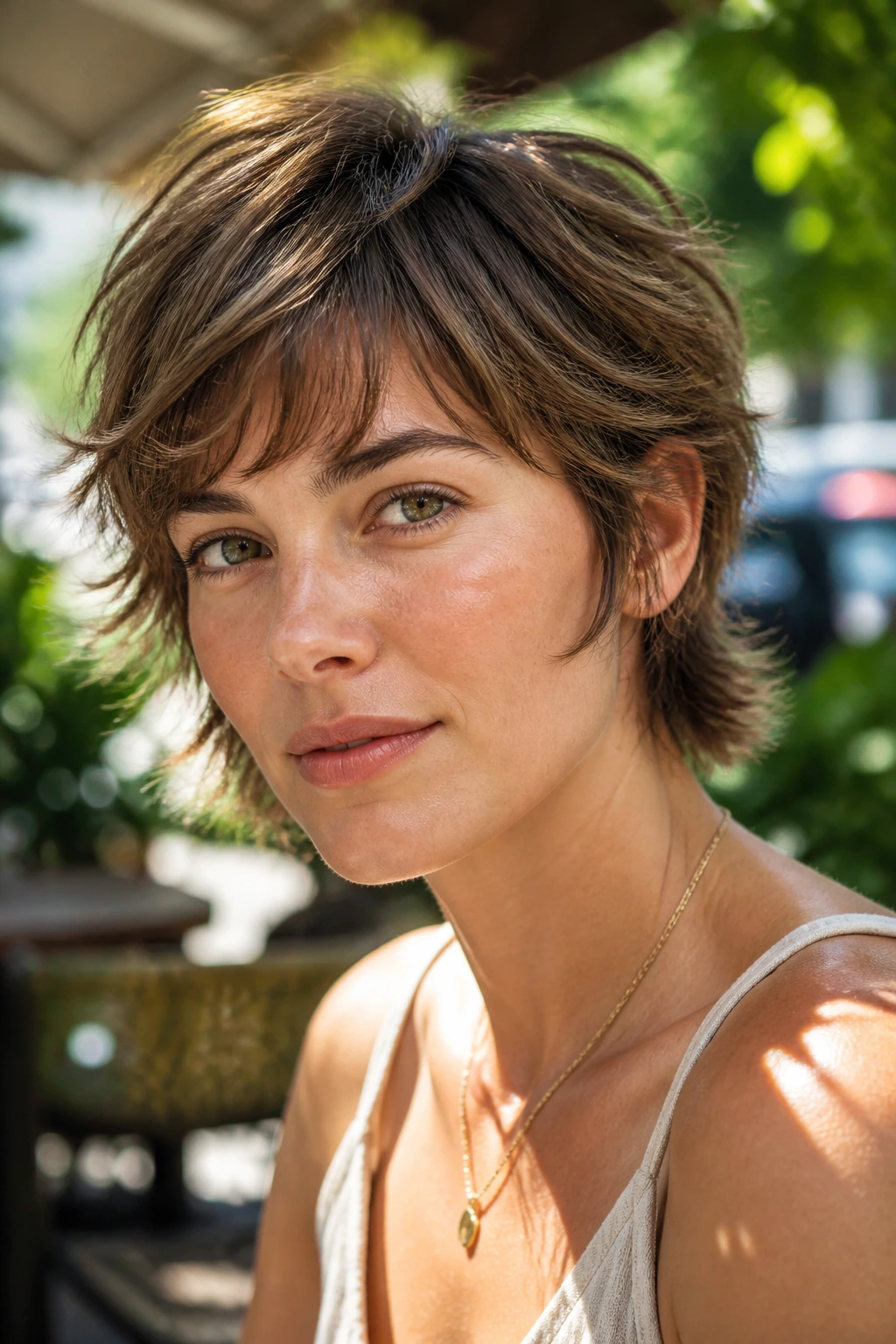 Close-up portrait of a real woman with bixie haircut and soft sideburns on sunlit cafe patio
