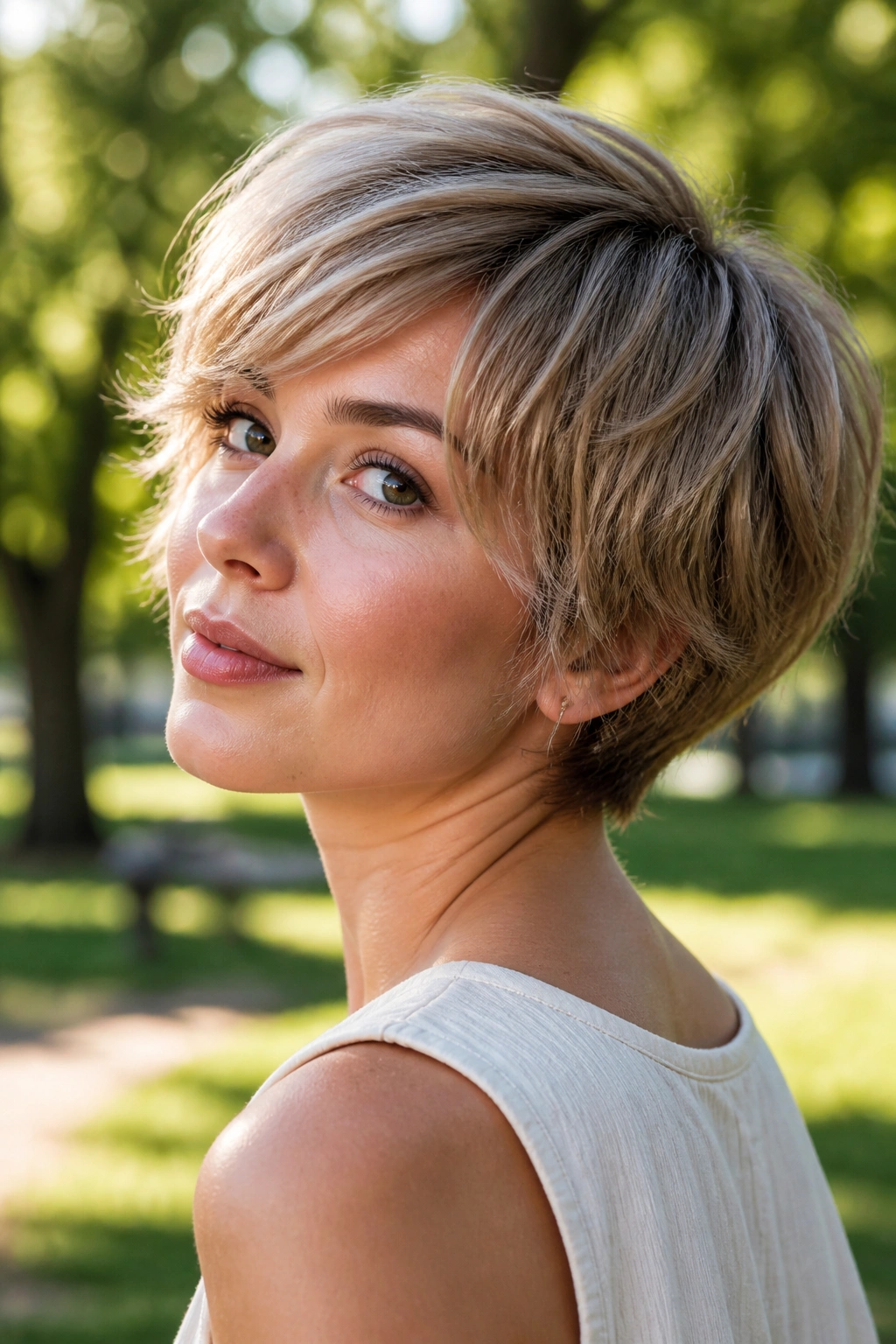 Close-up of a real woman with bixie hairstyle, cropped nape and feathered temples.