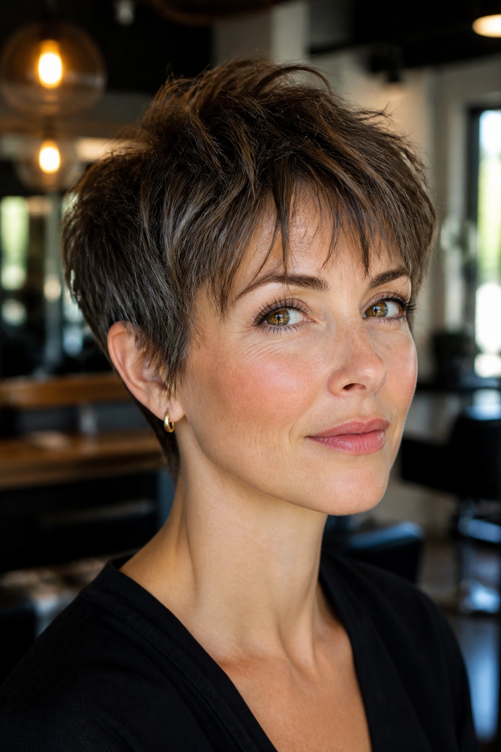 Portrait of a woman with a textured bixie and piecey bangs.
