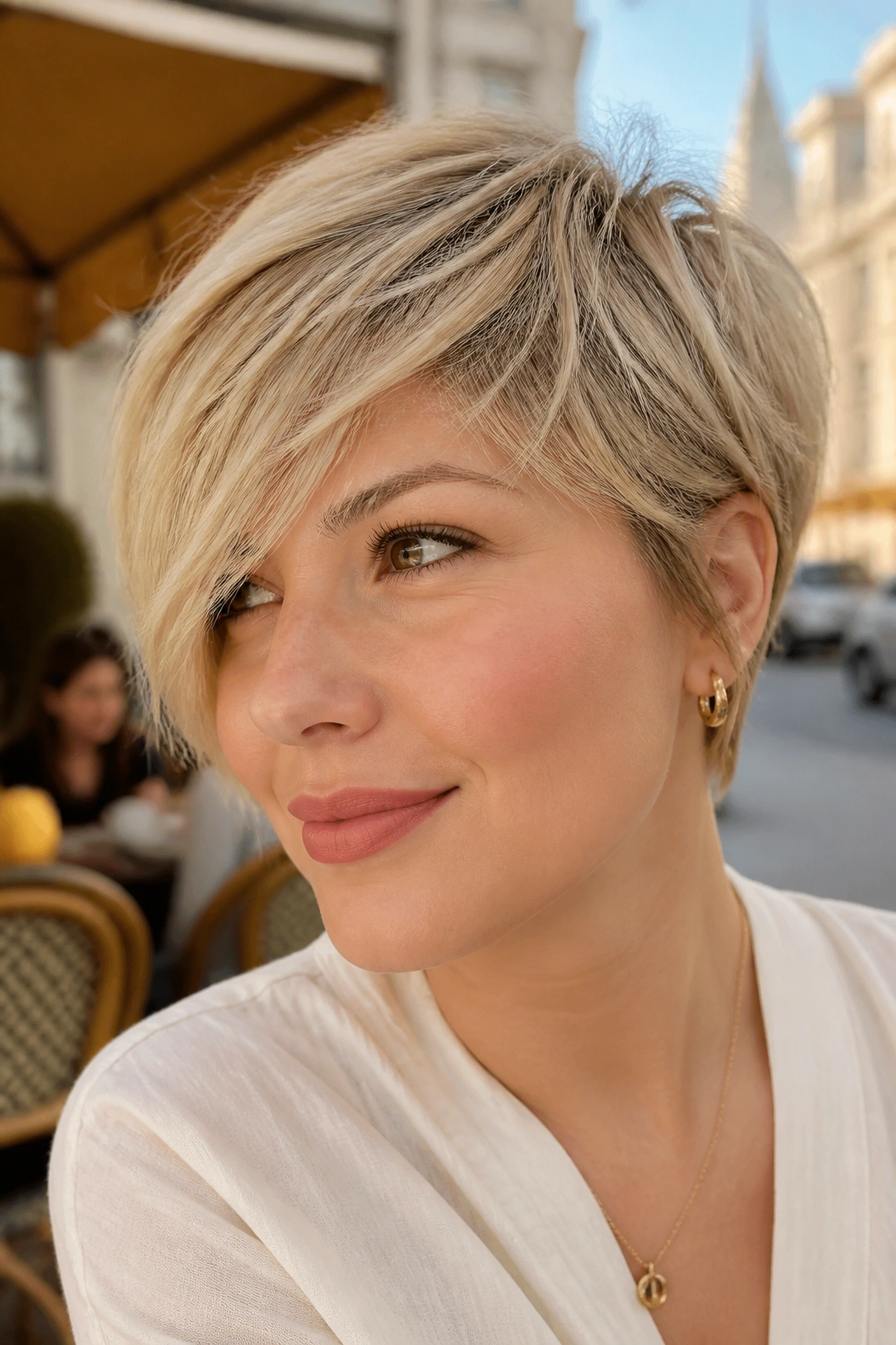 Portrait of a real woman with a tapered bixie and long fringe in golden blonde.