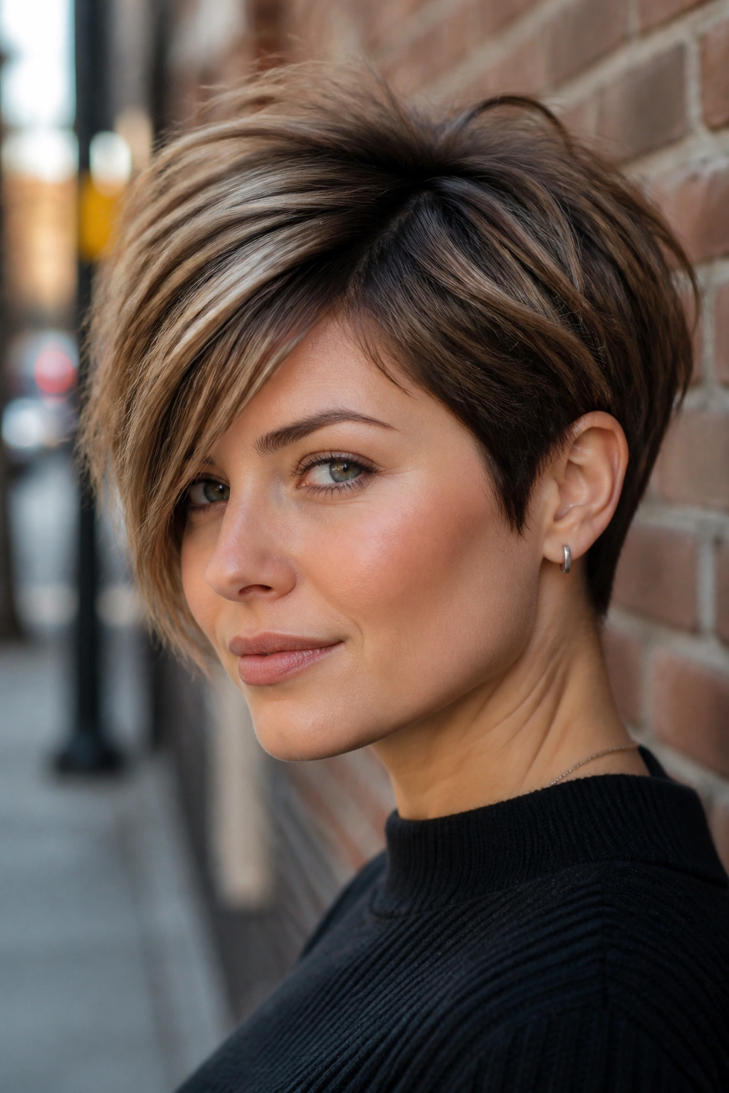 Close-up portrait of a real woman with a bixie cut and longer crown in daylight