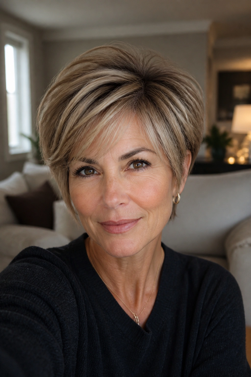 Close-up of a real woman with a bixie and longer top layers