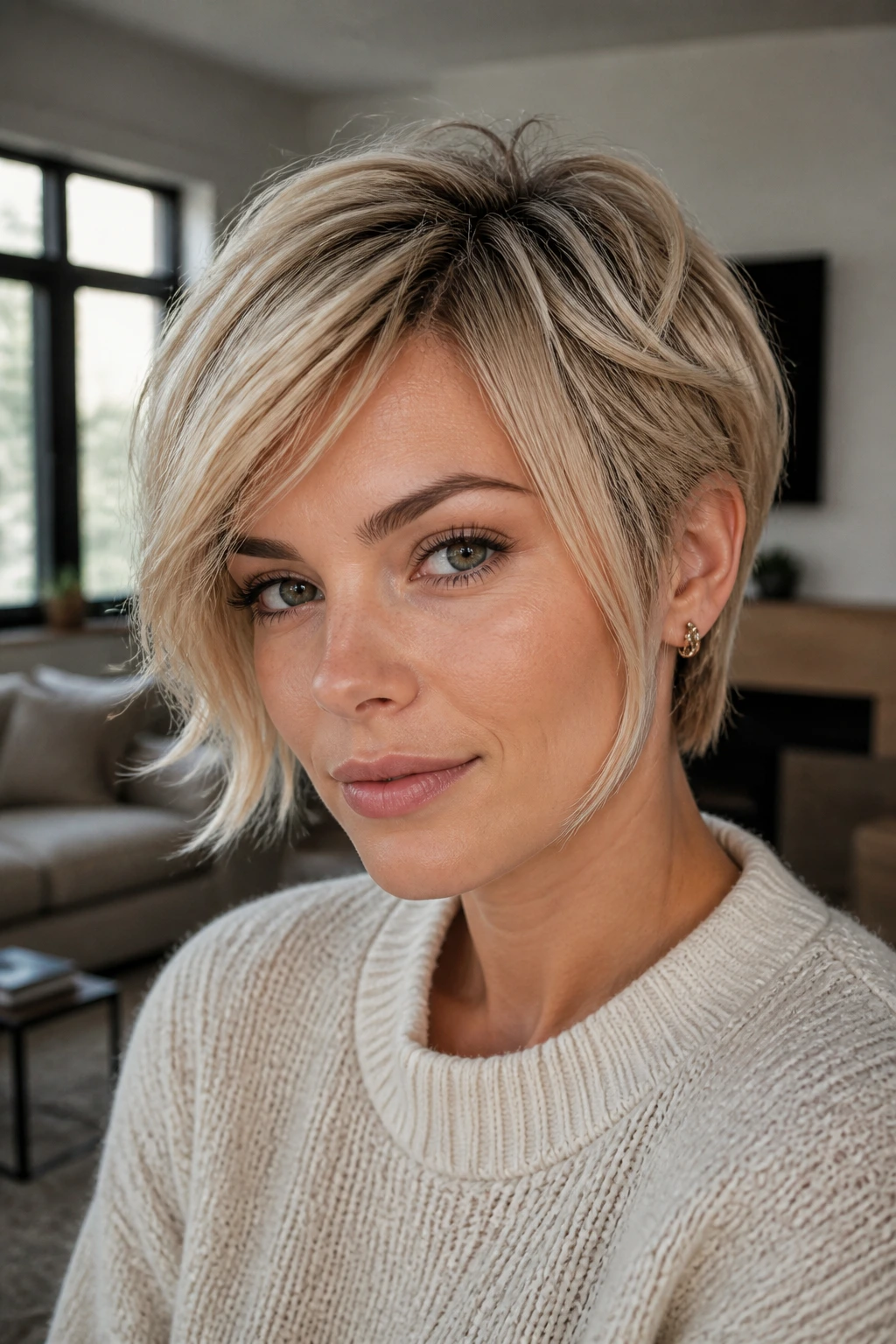 Close-up portrait of a real woman with Bixie-Inspired Pixie, longer front near cheekbones