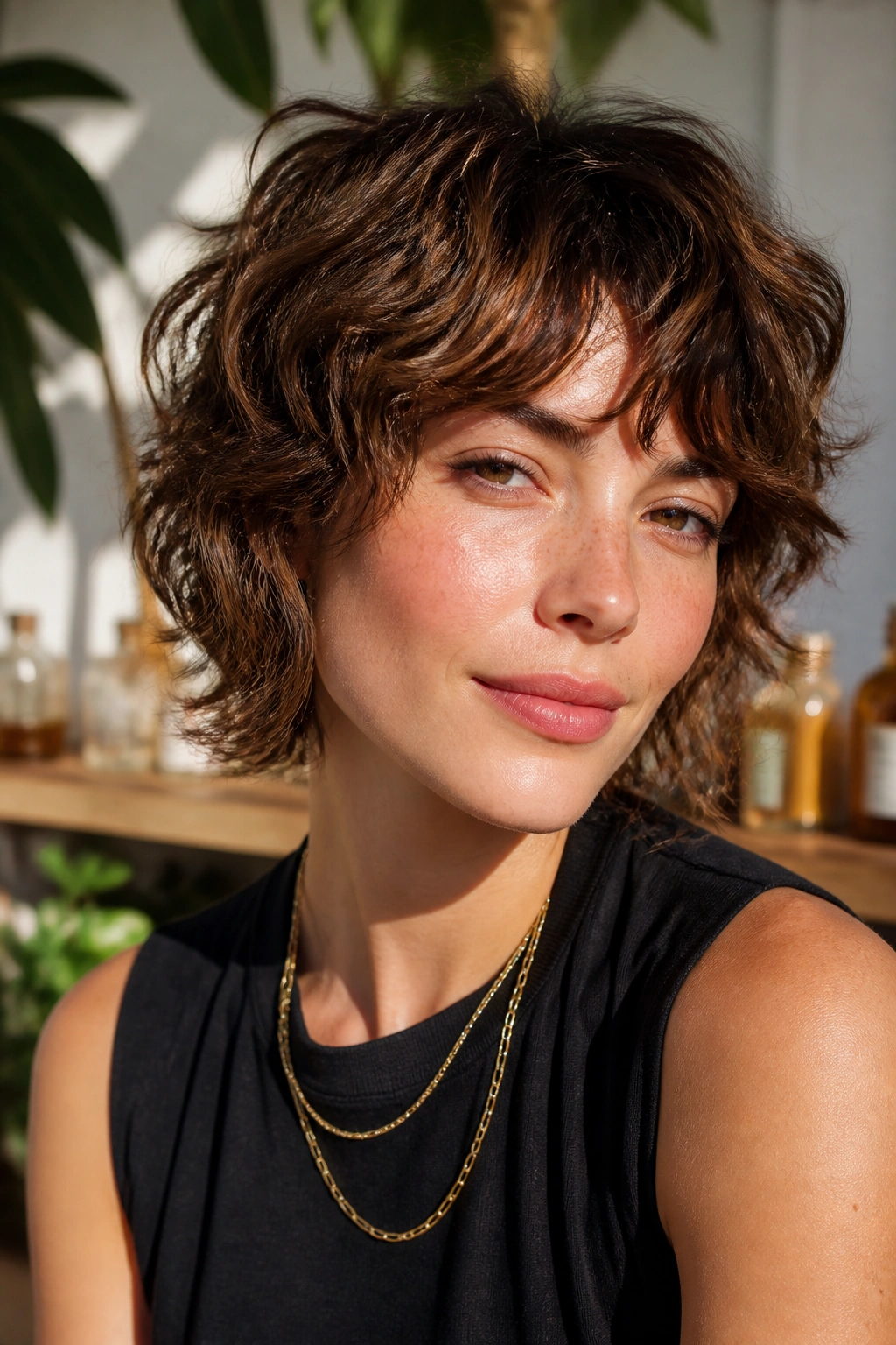 Close-up of a real woman with wavy bixie-style shag outdoors.
