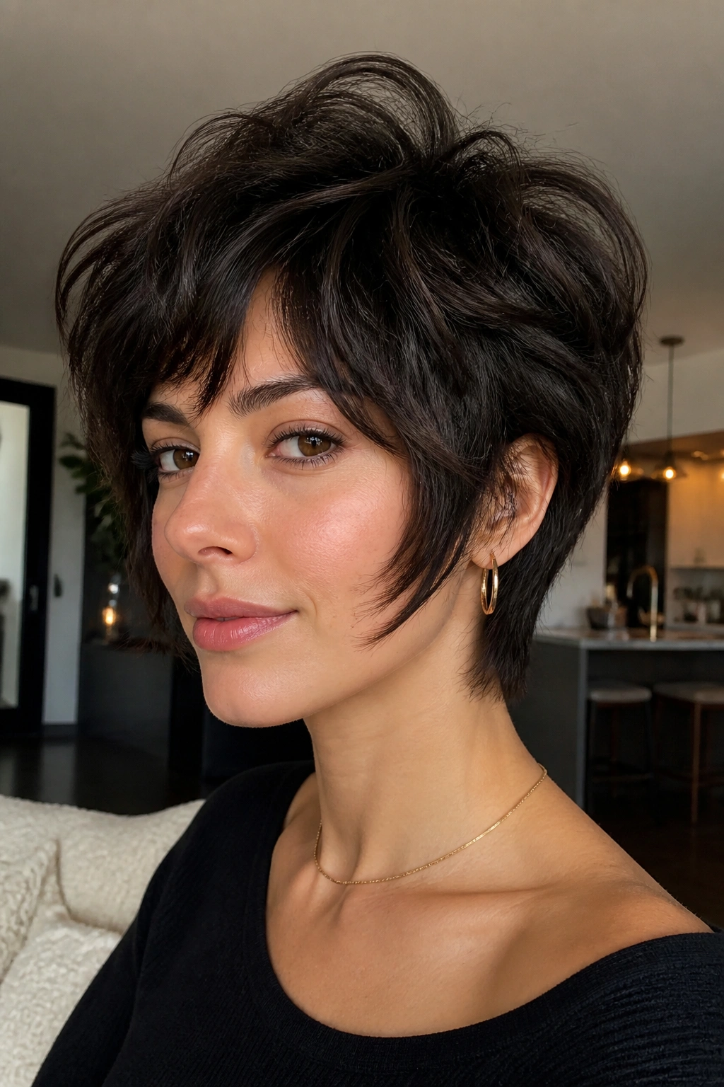 Portrait of a real woman with bixie cut and crown lift under natural light