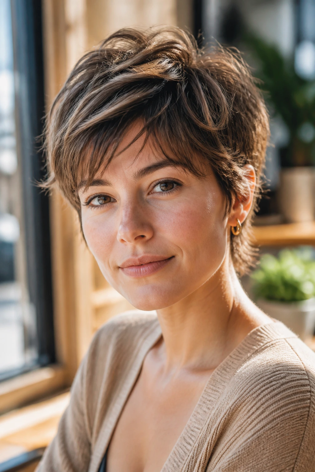 Close-up of a real woman's bixie hairstyle in warm window light