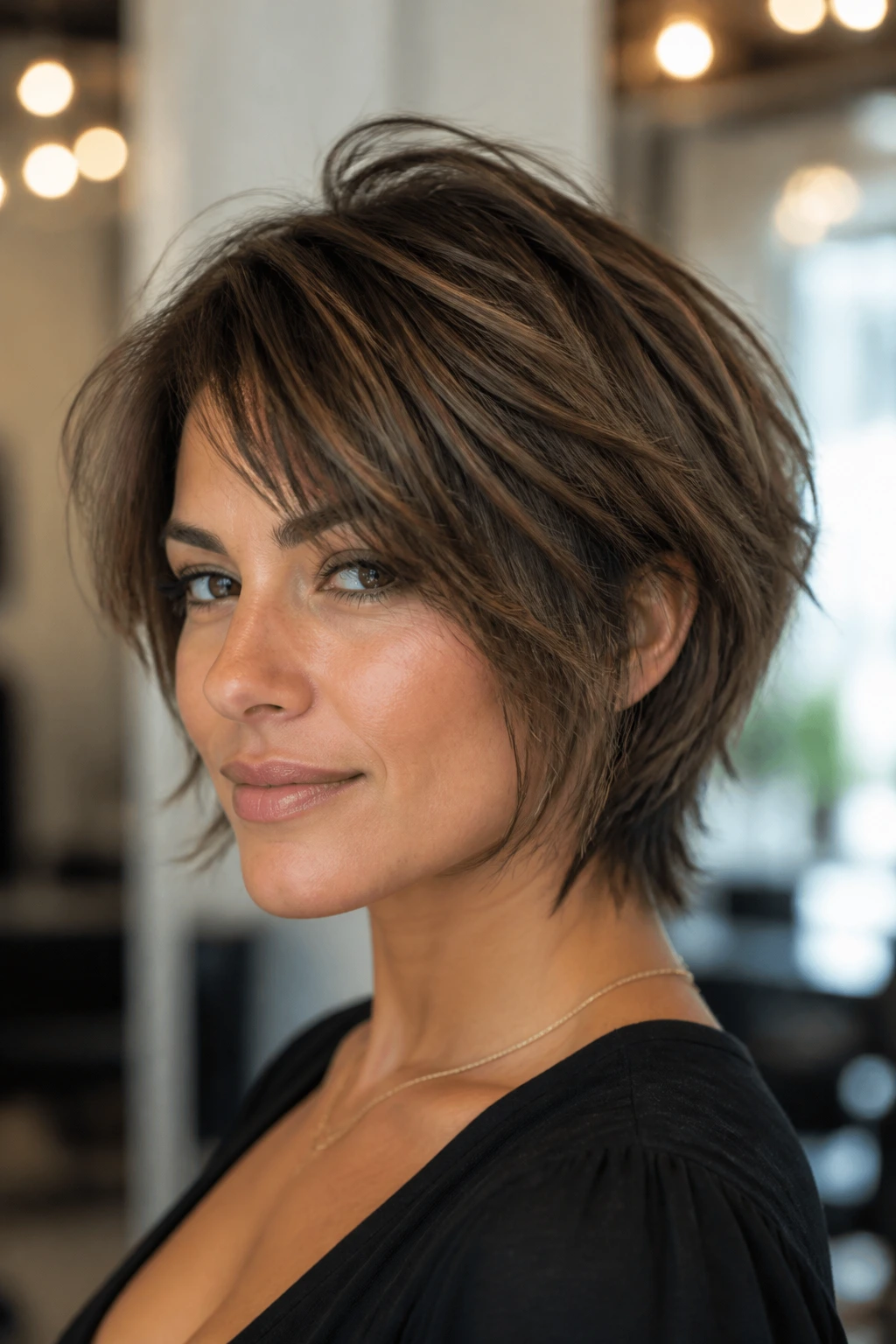 Portrait of a real woman with bixie-shag hybrid hairstyle