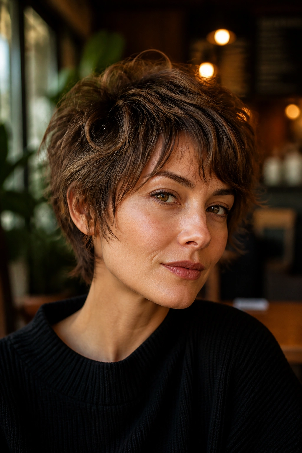 Close-up portrait of a real person with bixie shag featuring a piecey top