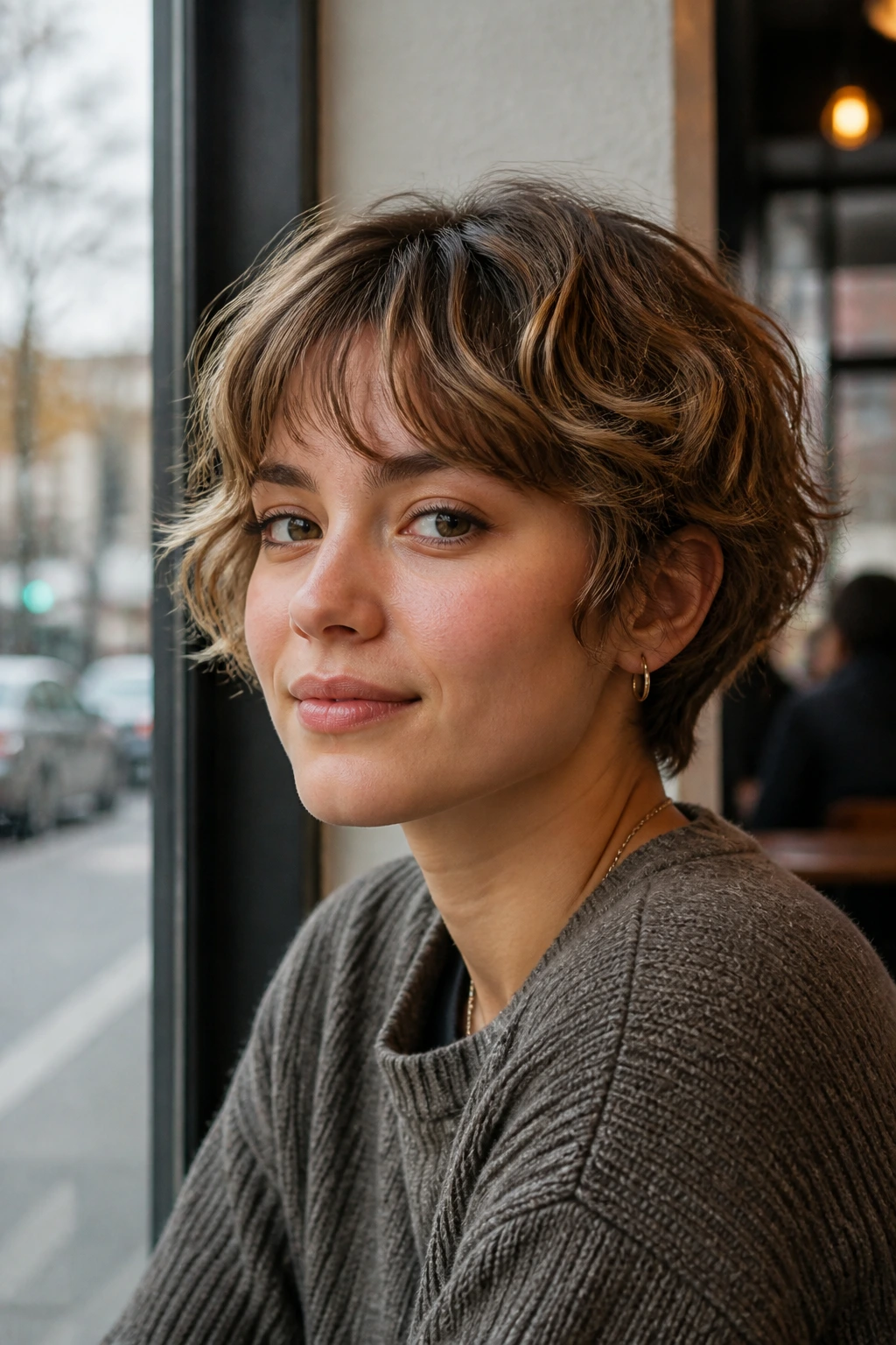 Portrait of a real person with a bixie haircut.