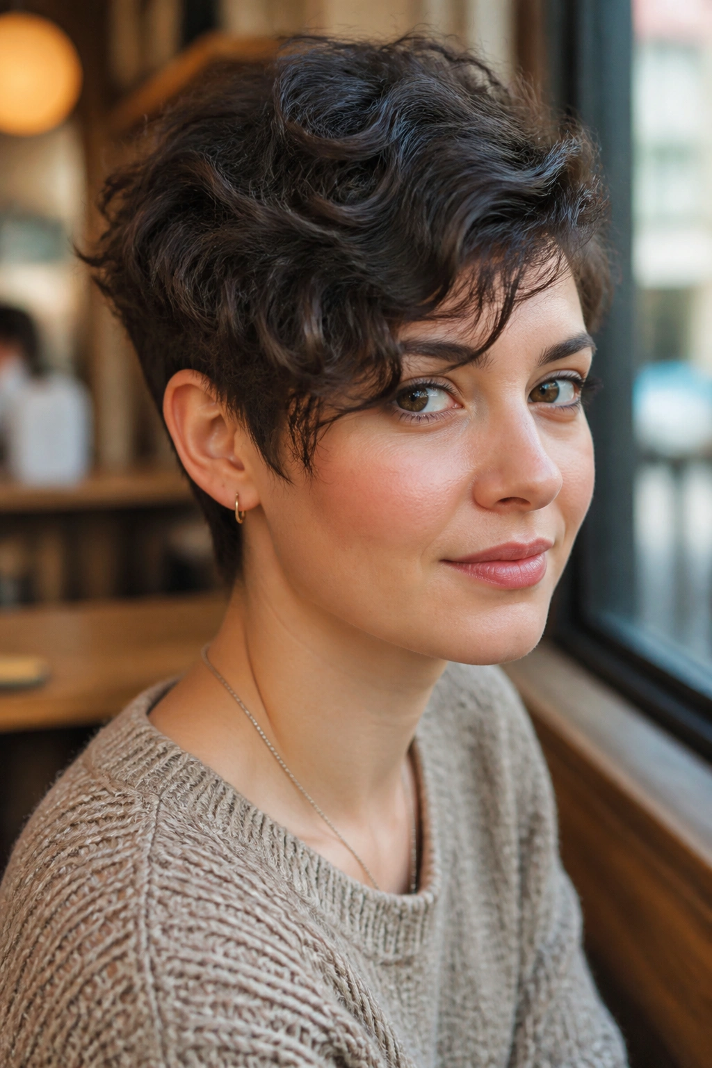 Close-up of a woman with a side-swept bixie at temple length in warm cafe light.