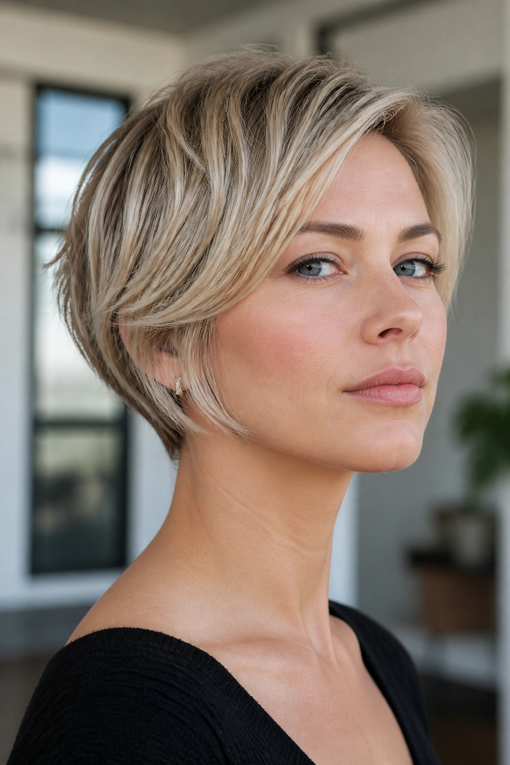 Close-up of a real woman with bixie hairstyle and sleek ends