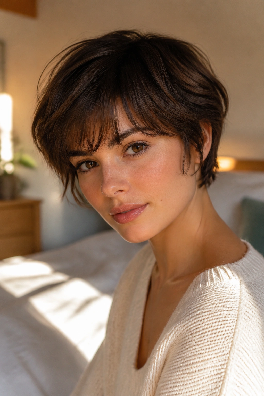 Close-up of real person with a bixie haircut in a cozy bedroom.