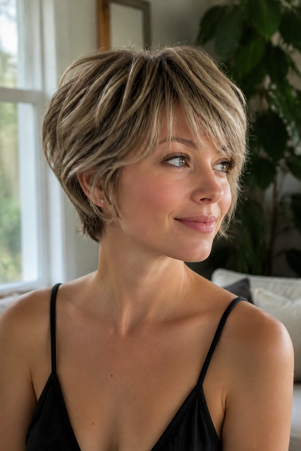 Close-up of a real woman with a bixie cut and soft ends in a bright living room.