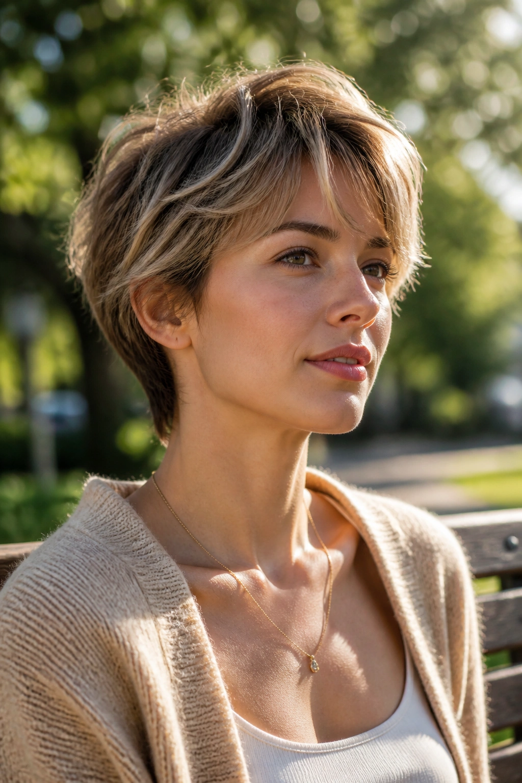 Close-up portrait of a real person with a bixie and soft layers, showing neck and face framing.