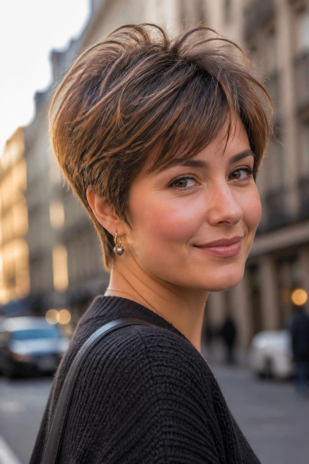 Close-up of real woman with a bixie cut featuring soft top layers