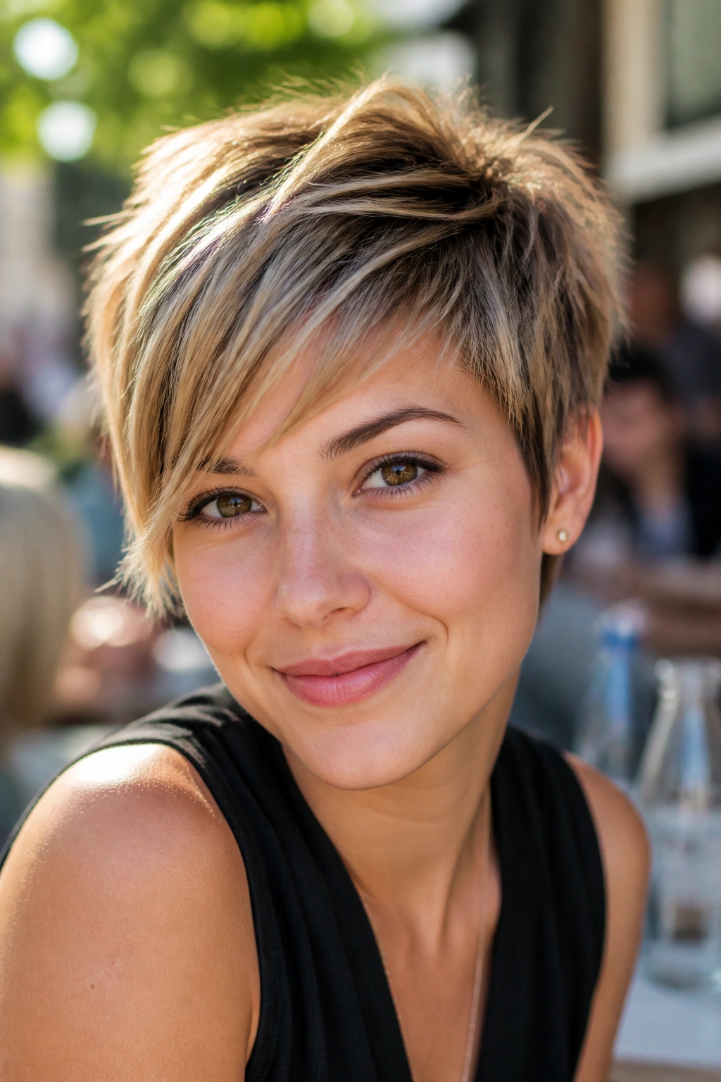 Close-up of a person with a playful bixie and swept-off-center fringe.