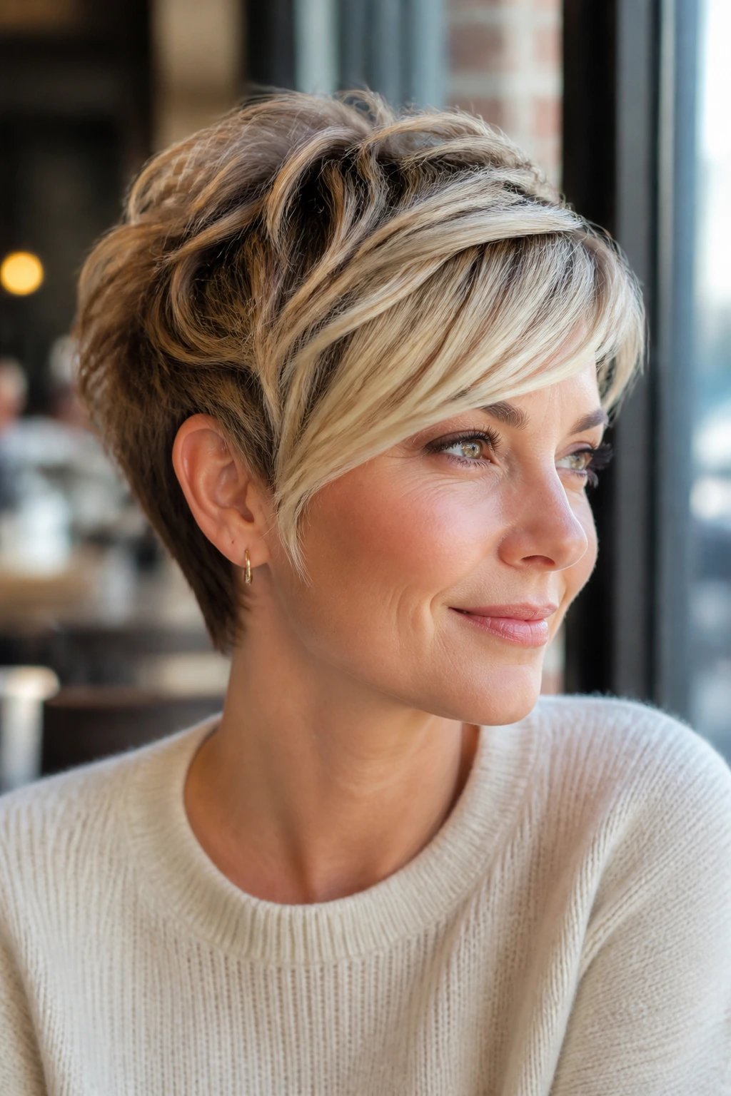 Real person with bixie cut and swept fringe, portrait in sunlit cafe.