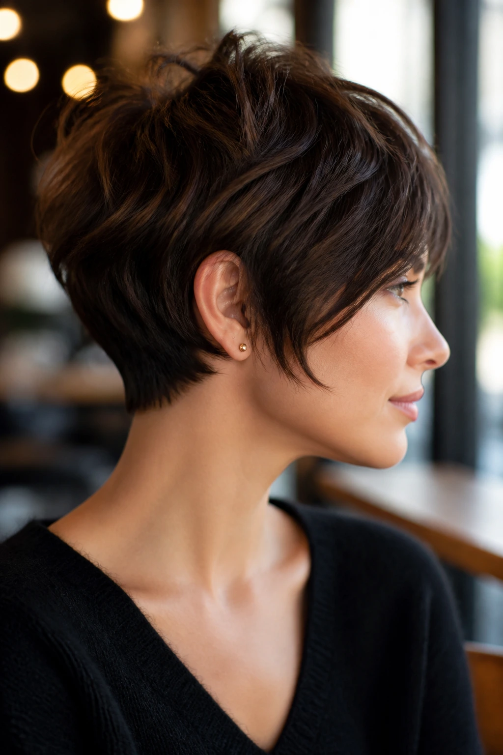 Close-up of a real person with a bixie haircut and tapered nape framing the cheekbone.