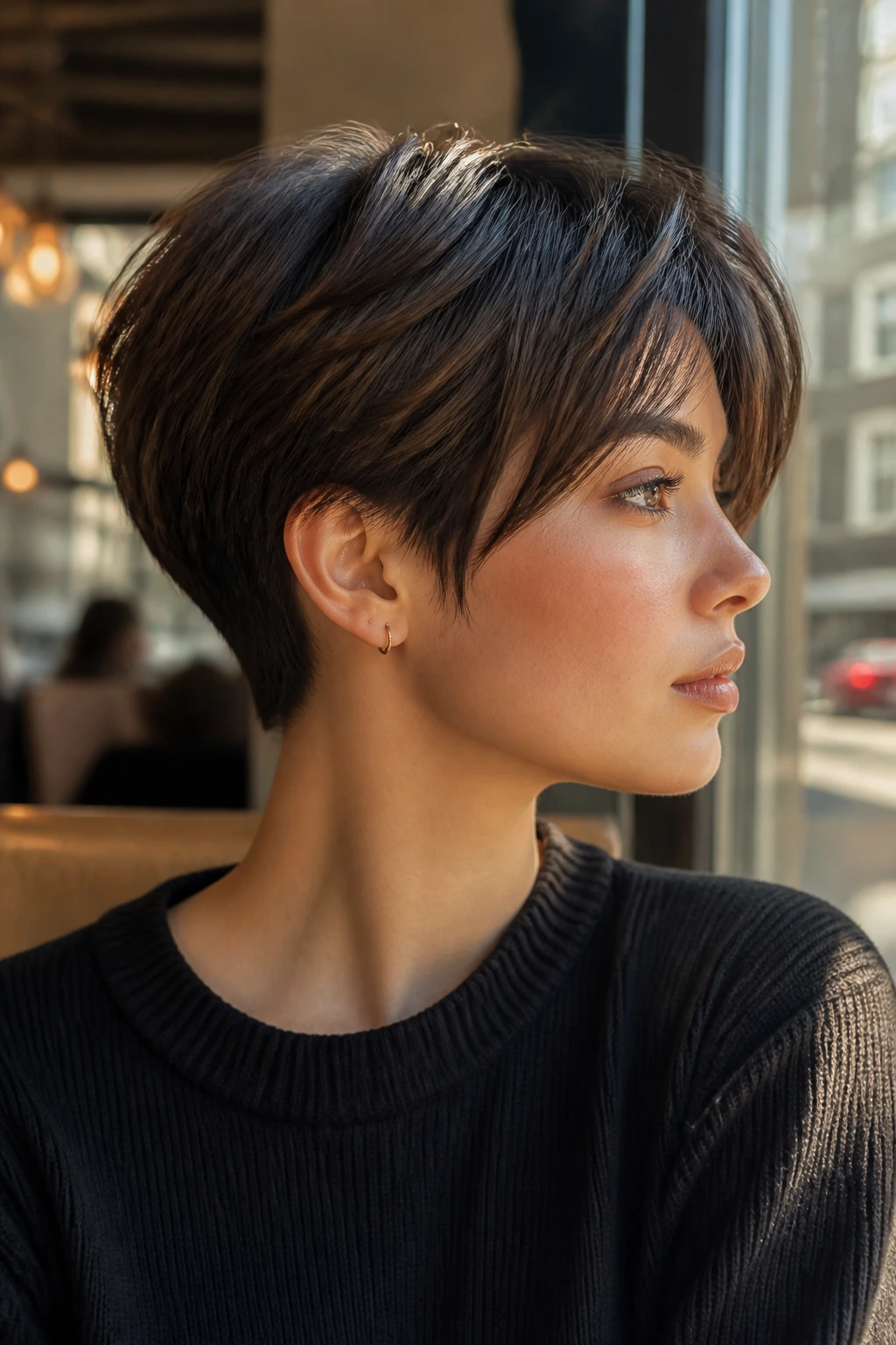 Close-up of a real woman with a bixie cut and tapered nape