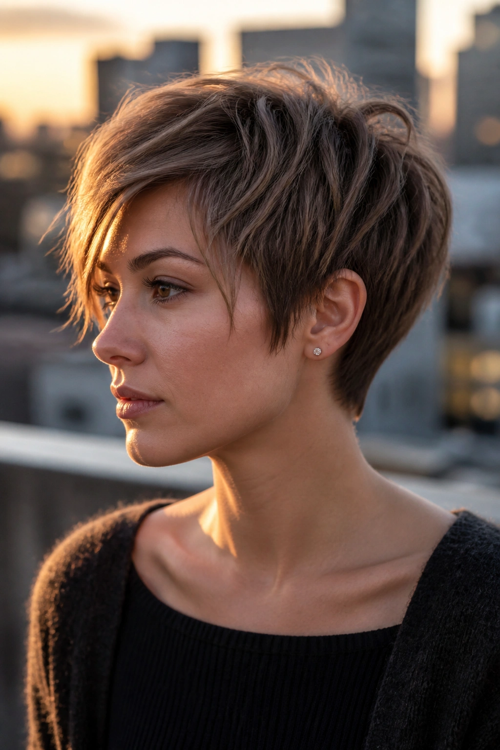 Close-up portrait of a real woman with a bixie haircut and tapered nape