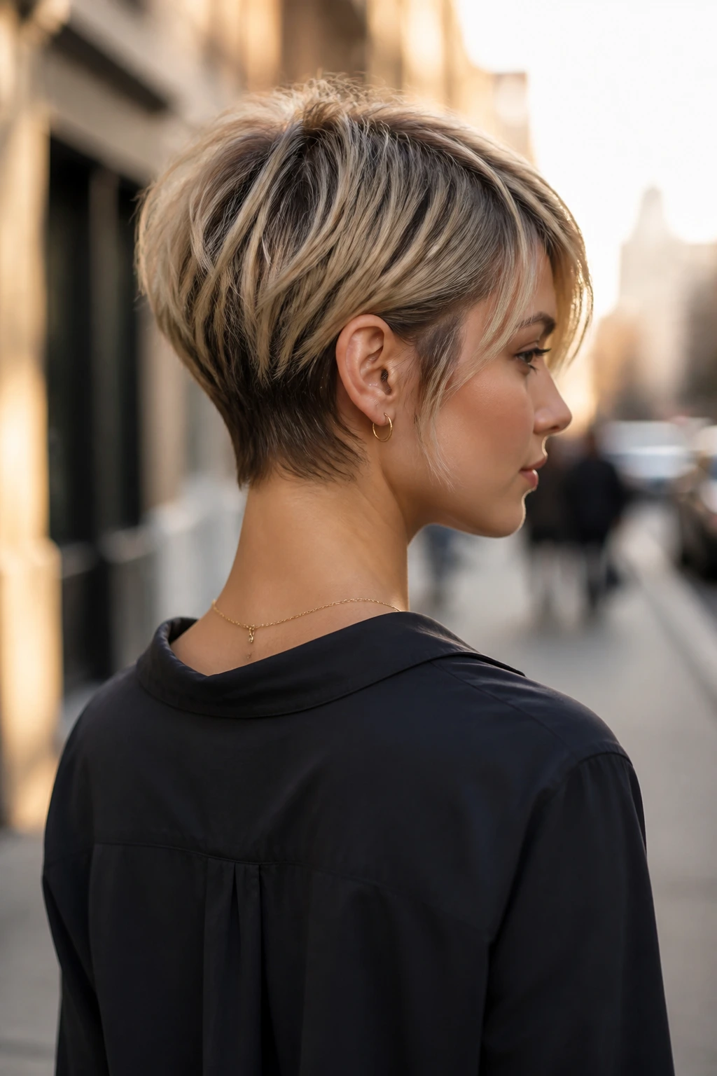Back three-quarter view of bixie hairstyle with tapered neckline.