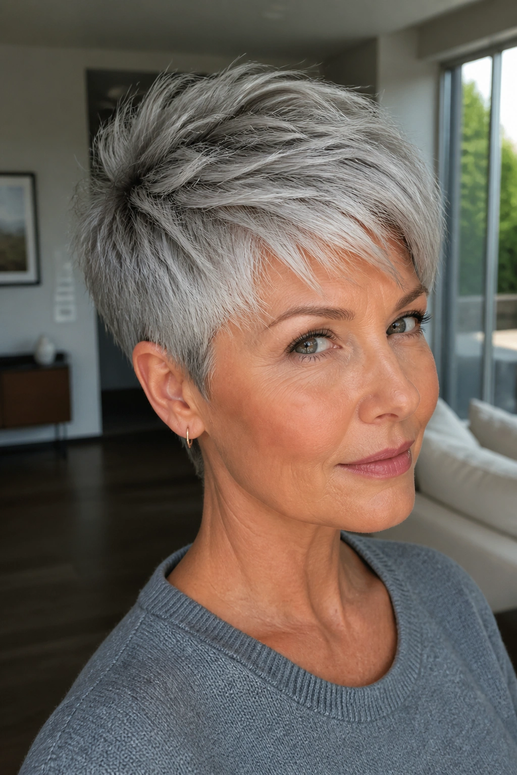 Close-up portrait of a real woman with silver bixie and piecey texture in a bright living room