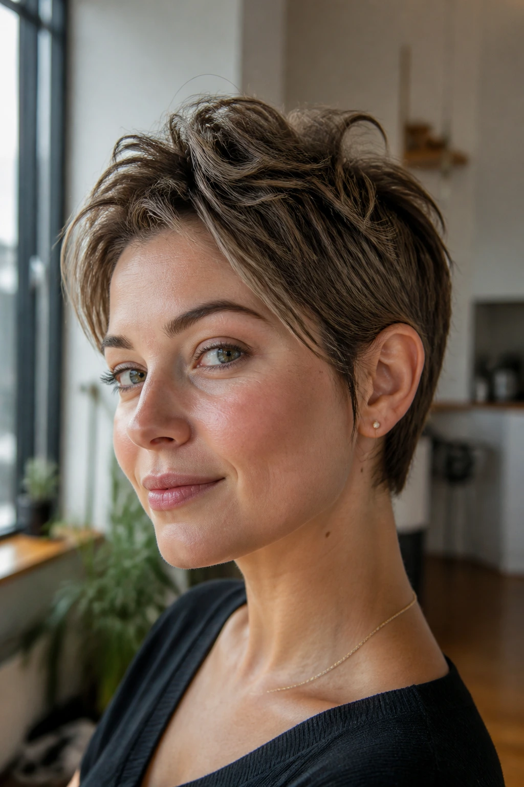 Close-up of a woman with a bixie and textured crown in a warm apartment