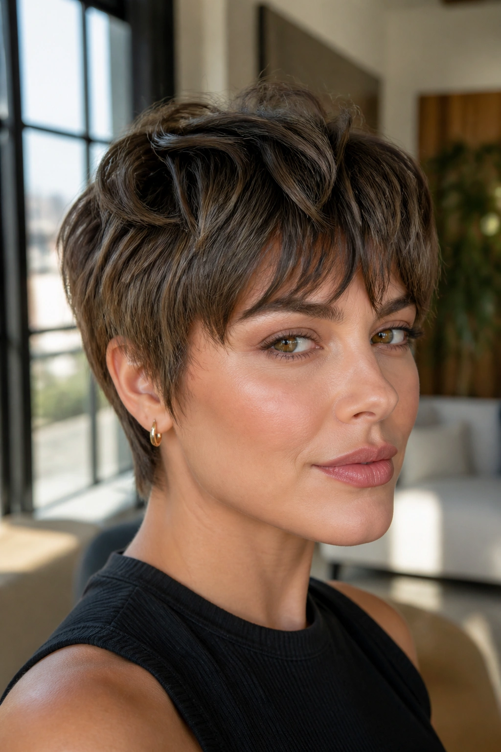 Close-up of woman with bixie cut and textured fringe sweeping across forehead.