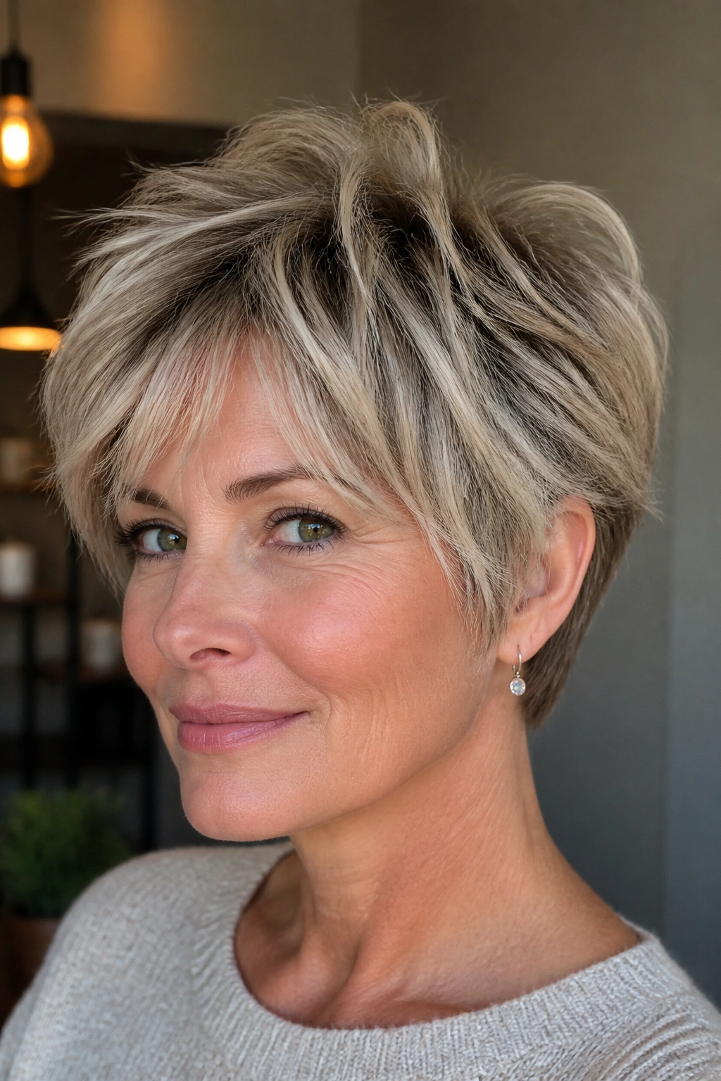 Real woman's bixie haircut with top-heavy texture and crown volume.