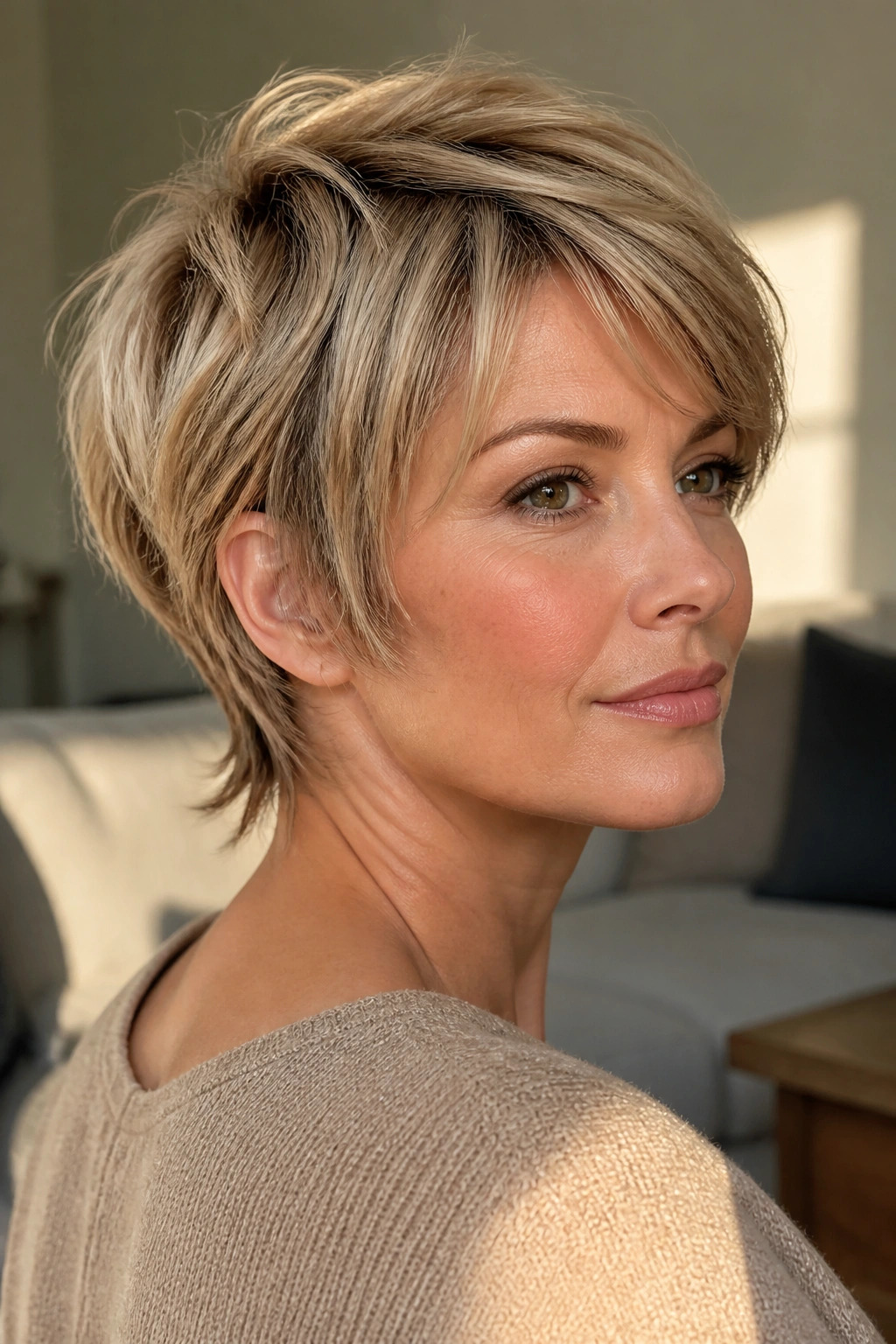 Close up of a real woman with a bixie and wispy nape in a sunlit room