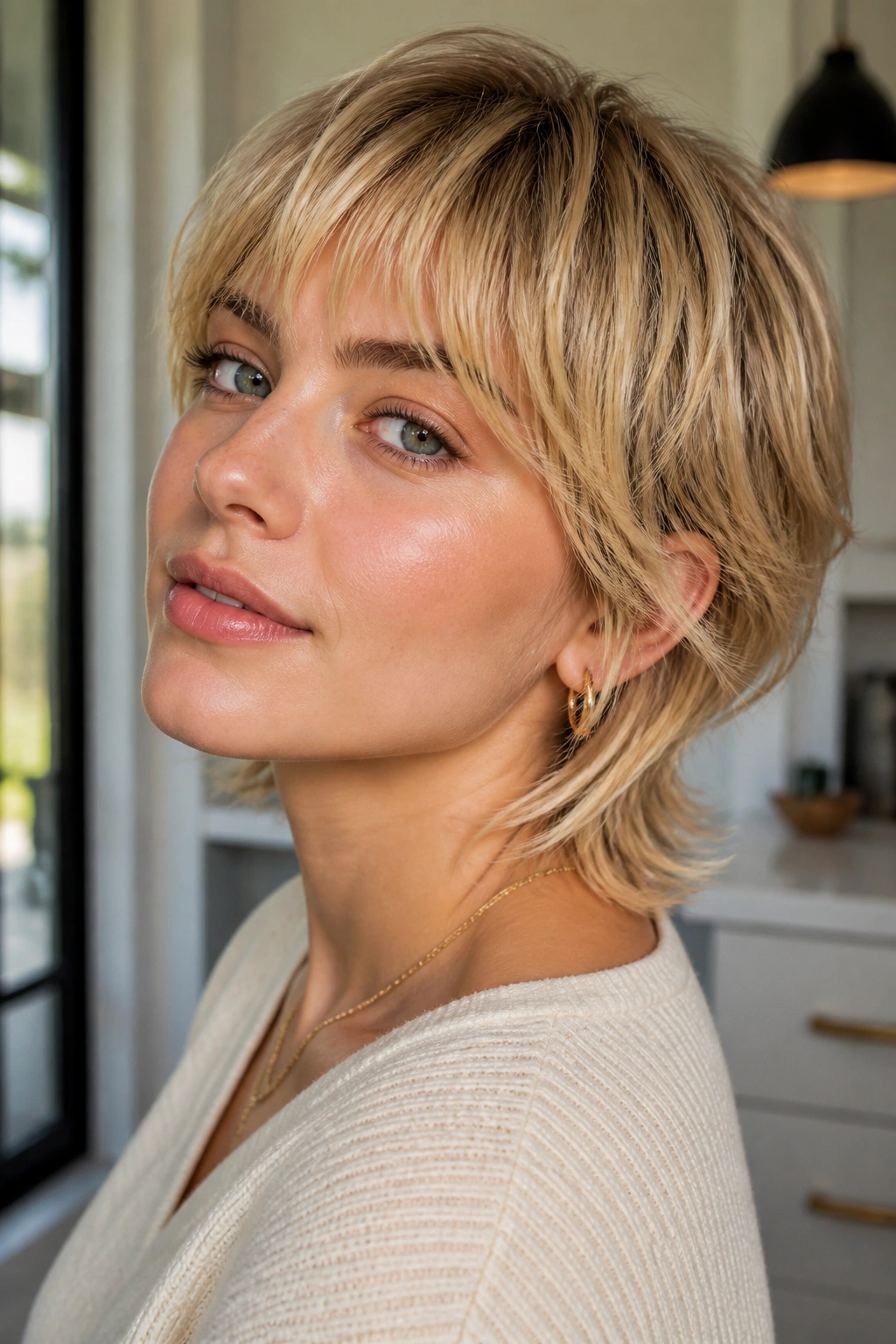 Portrait of a real woman with bixie haircut and wispy neck-length ends.