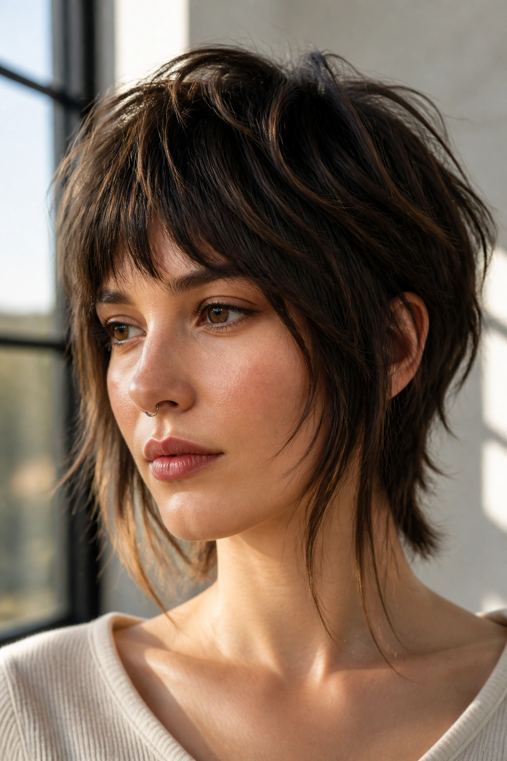 Close-up portrait of a real person with a bixie wolf cut