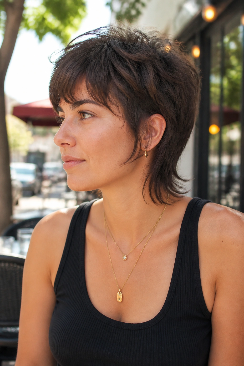 Close-up of a real woman with bixie wolf cut showing crown fullness and wispy nape