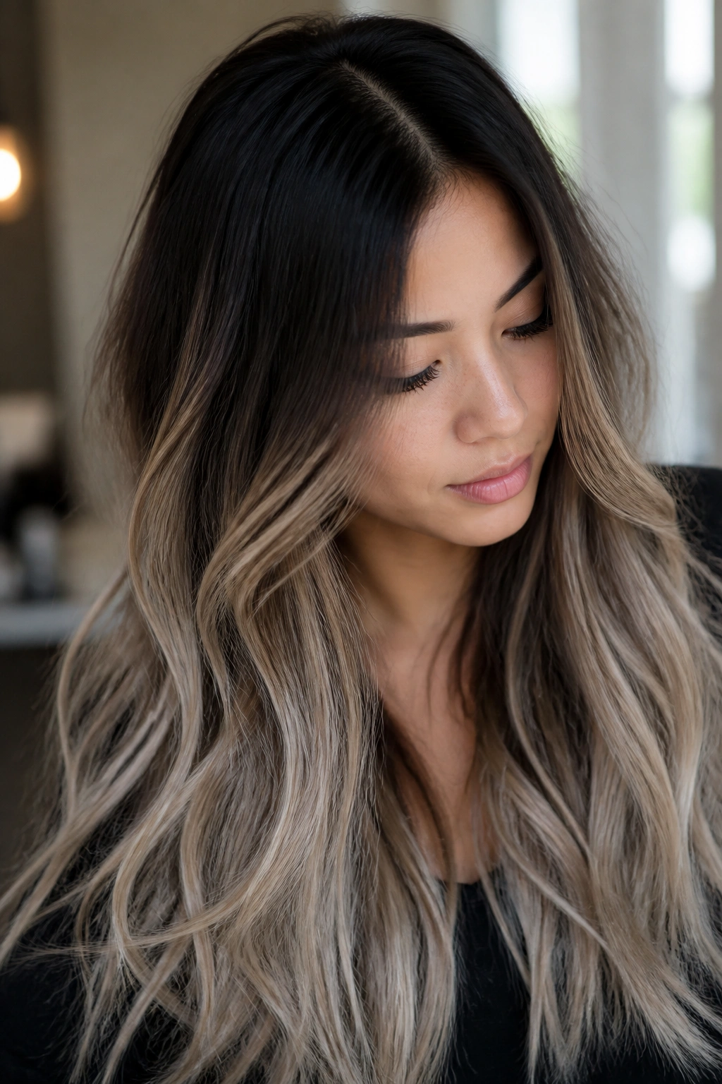 Real person with black roots fading to ash blonde on long hair.