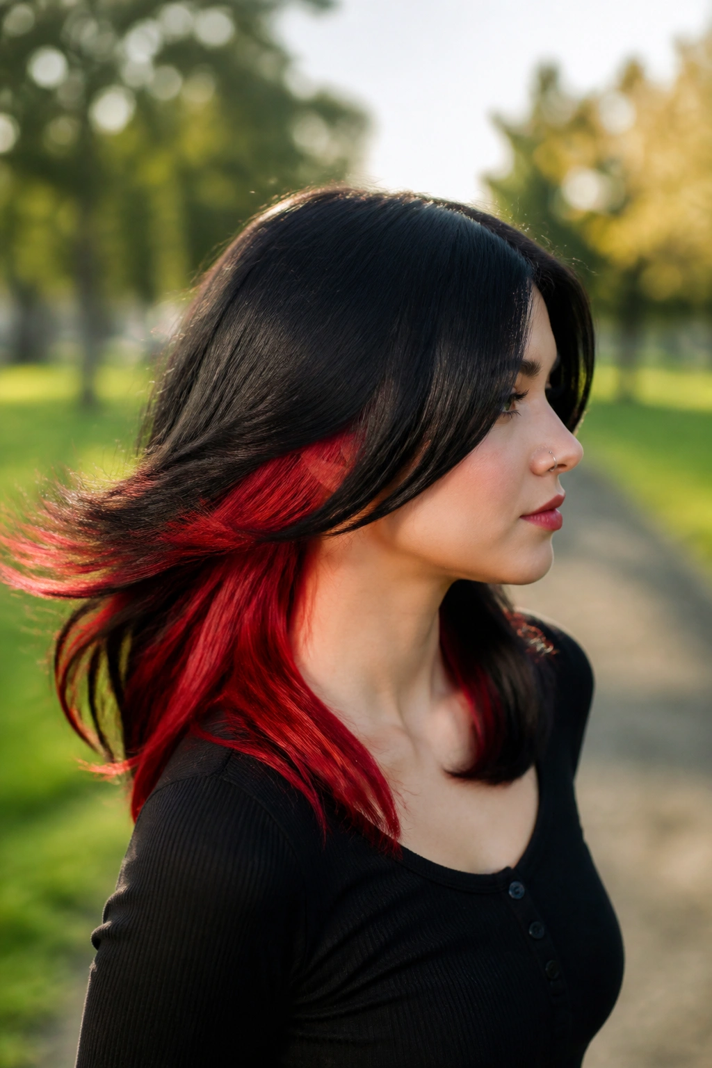 Side profile of hair with black base and vivid red back panels.