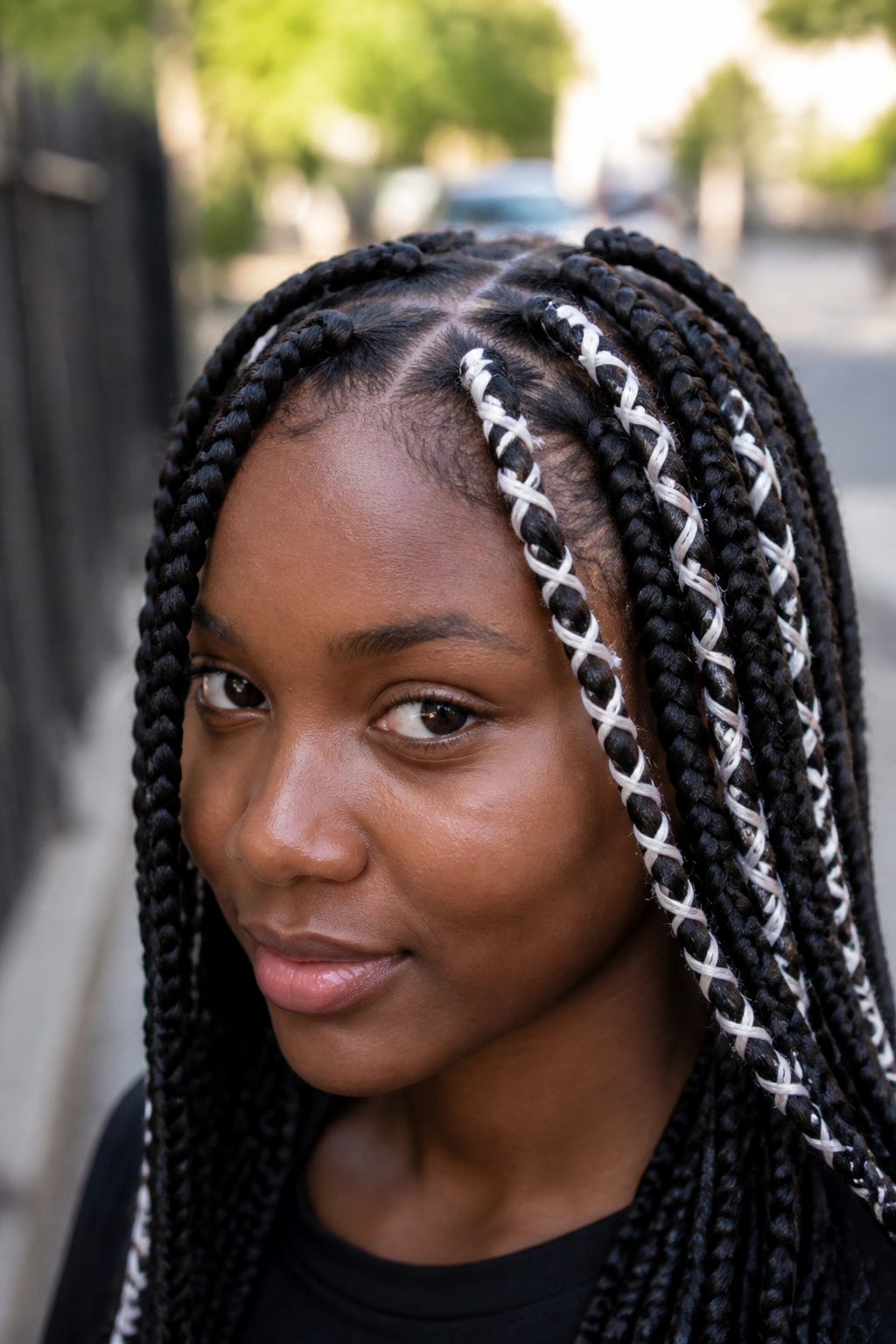 Close-up of Black Braids with White Woven Accents on a real person