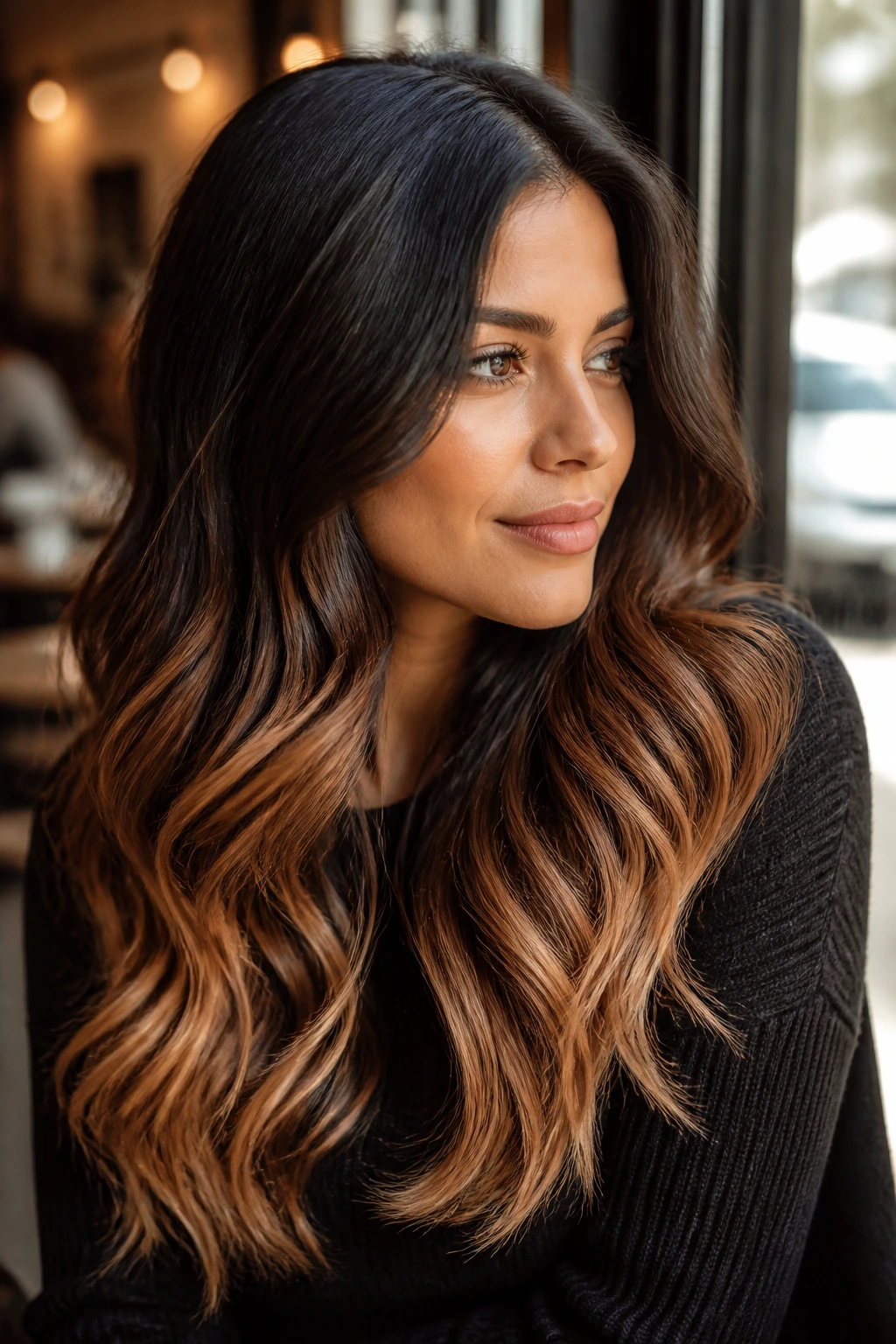 Close-up of a real woman with black-brown roots and bronze ombre ends