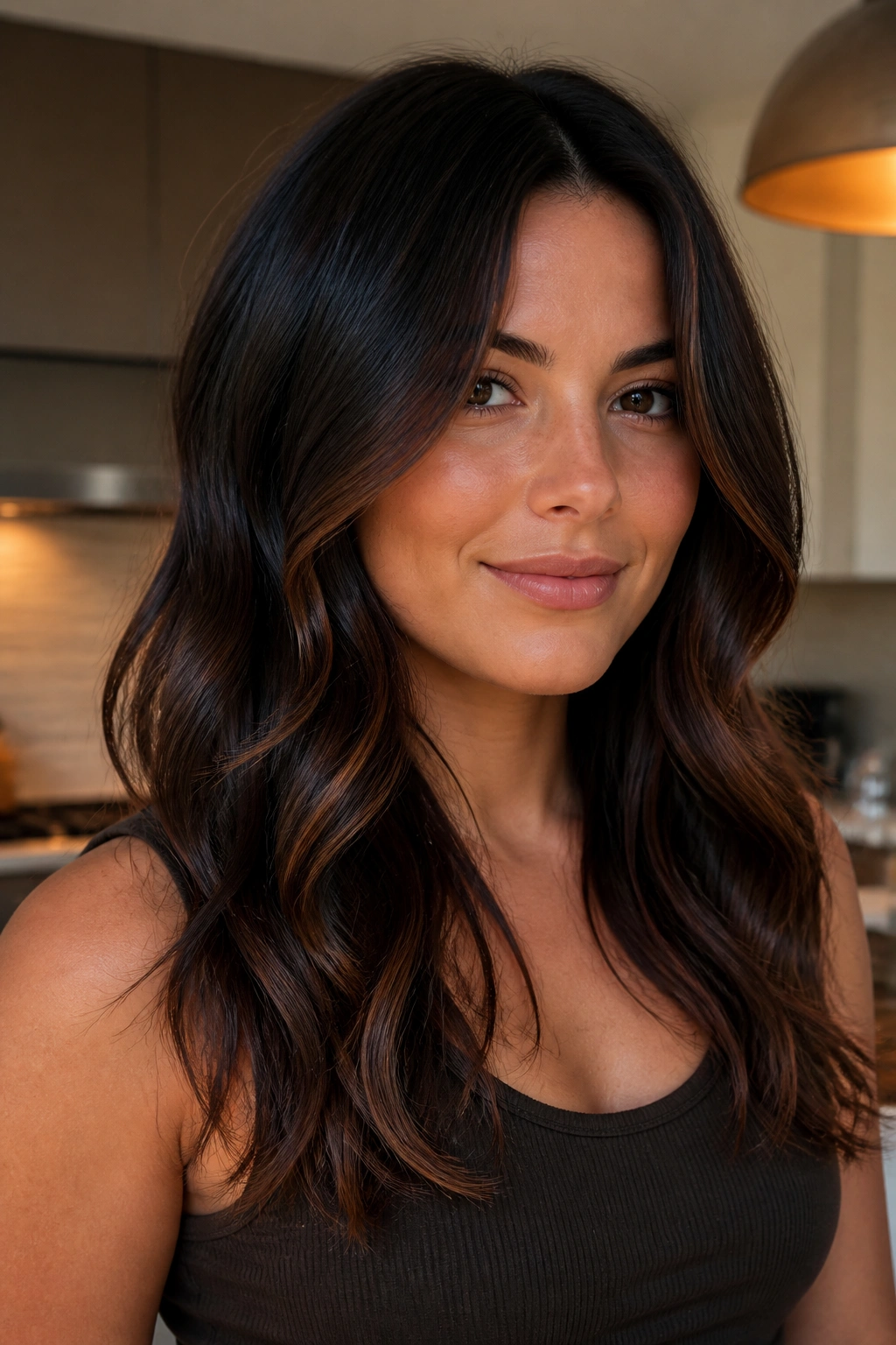 Close-up of a person with black-brown hair and chestnut whisper accents for warmth.
