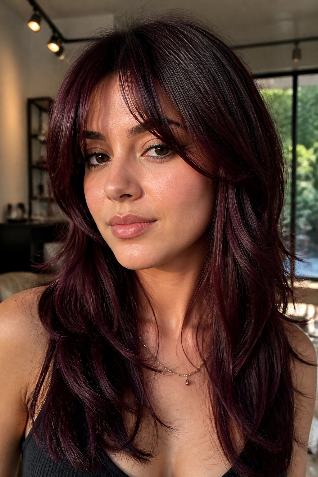 Real person with black burgundy hair and curtain bangs in warm window light.