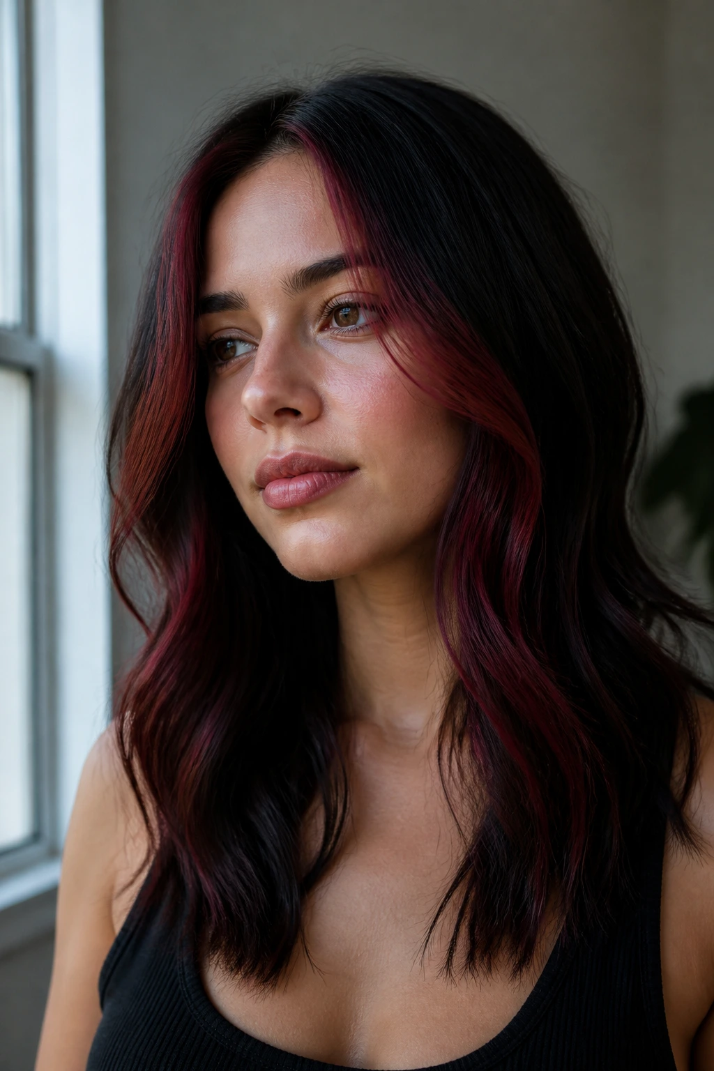 Portrait showing burgundy face-frame on black hair.