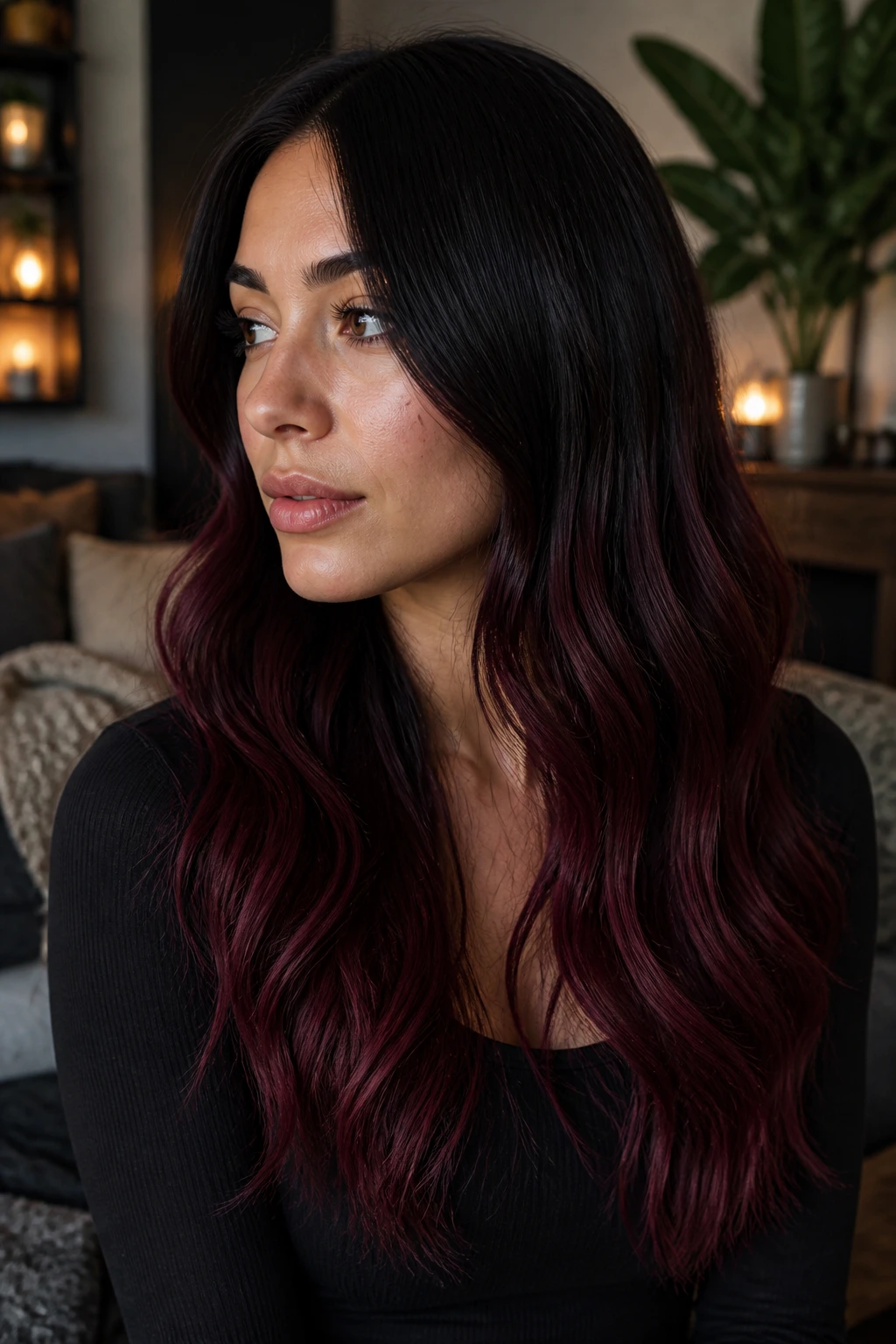 Portrait of a real person showing a black to burgundy ombre melt in long hair.